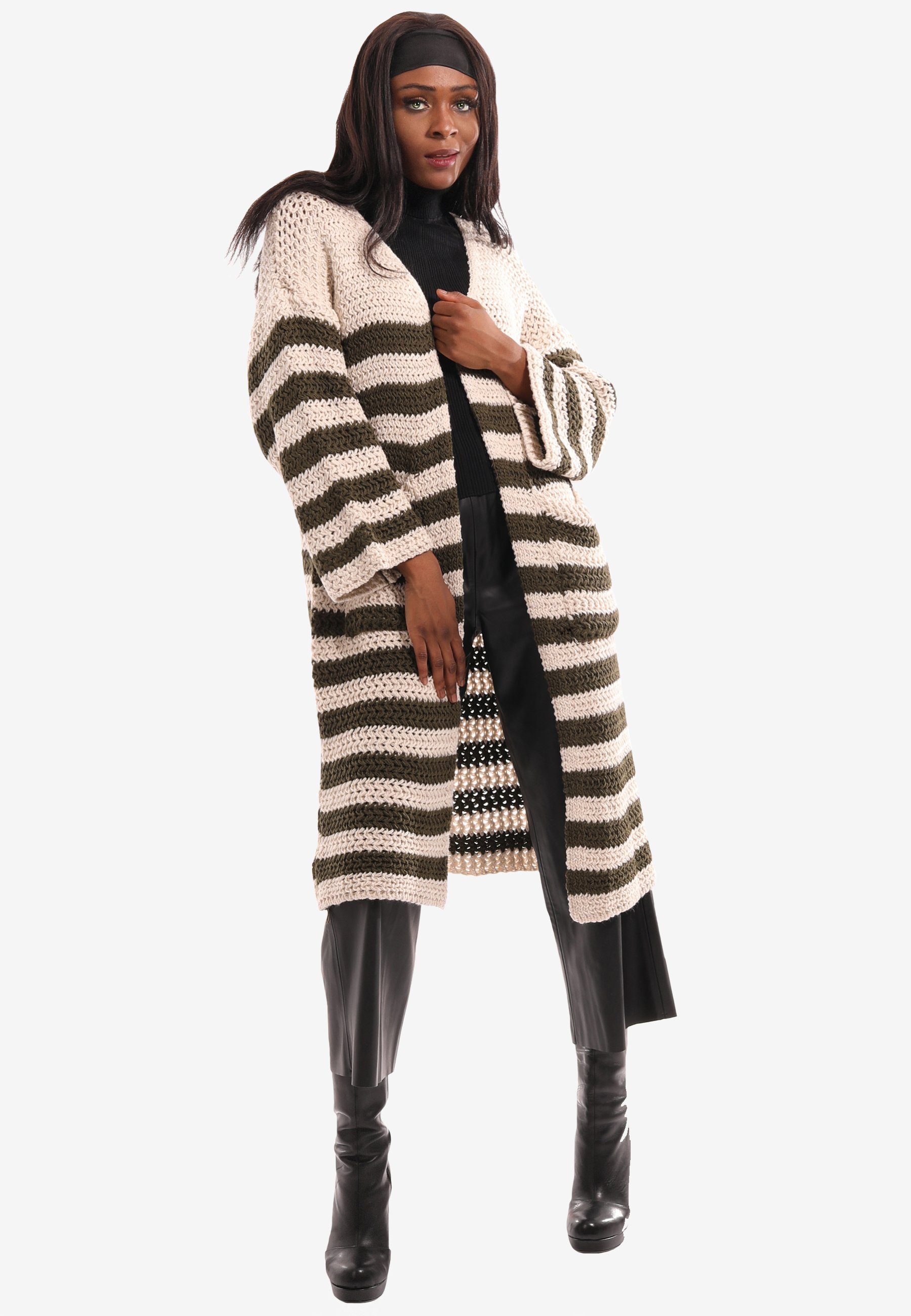 Style "Striped Unifarbe (1-tlg) & Comfort" khaki in Fashion YC XXL-Einschubtaschen Cardigan mit