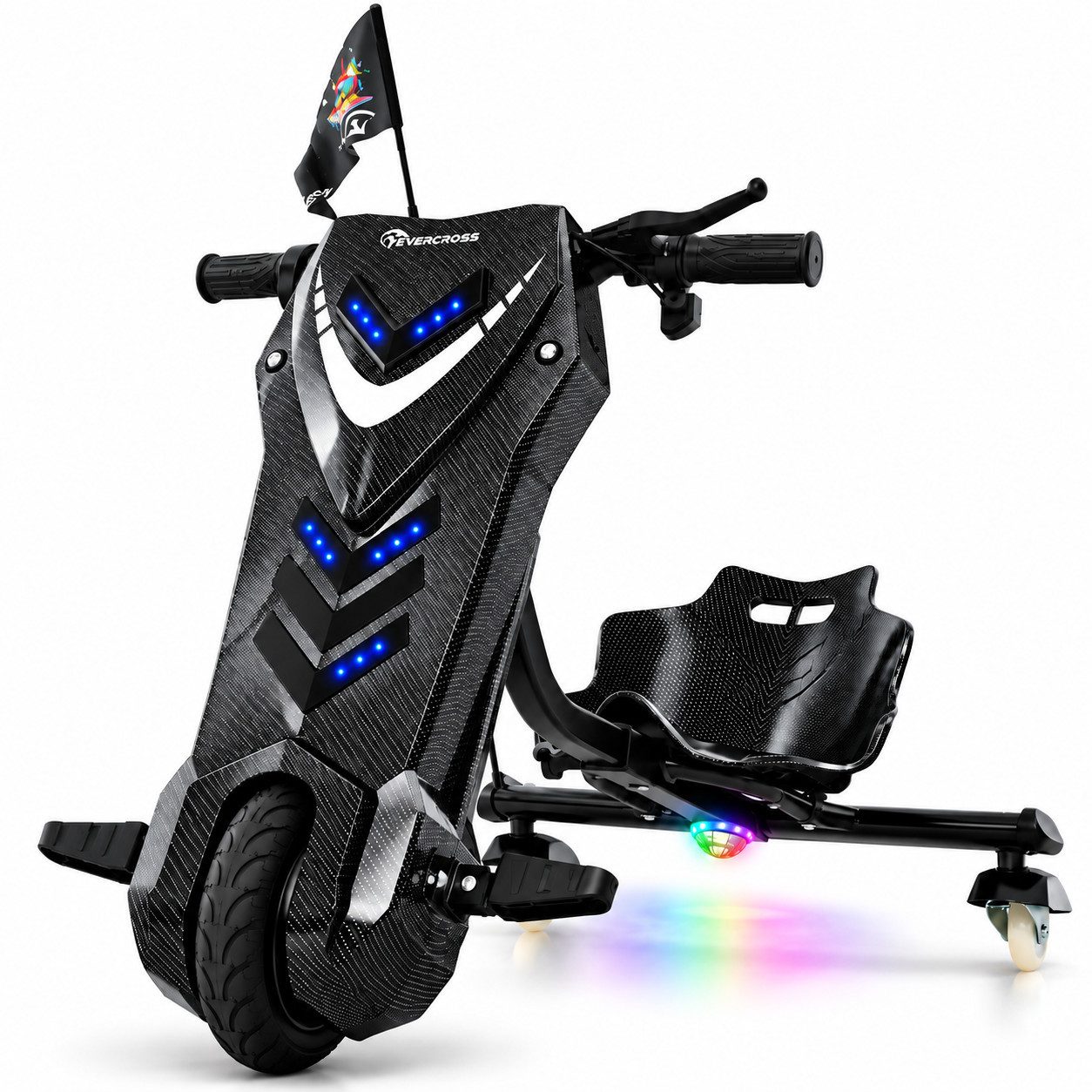 EVERCROSS TECH Dreiradscooter Drifter 360, Elektro Drift Trike, LED-Leuchten, Bluetooth-Lautsprecher, verstellbarem Sitz
