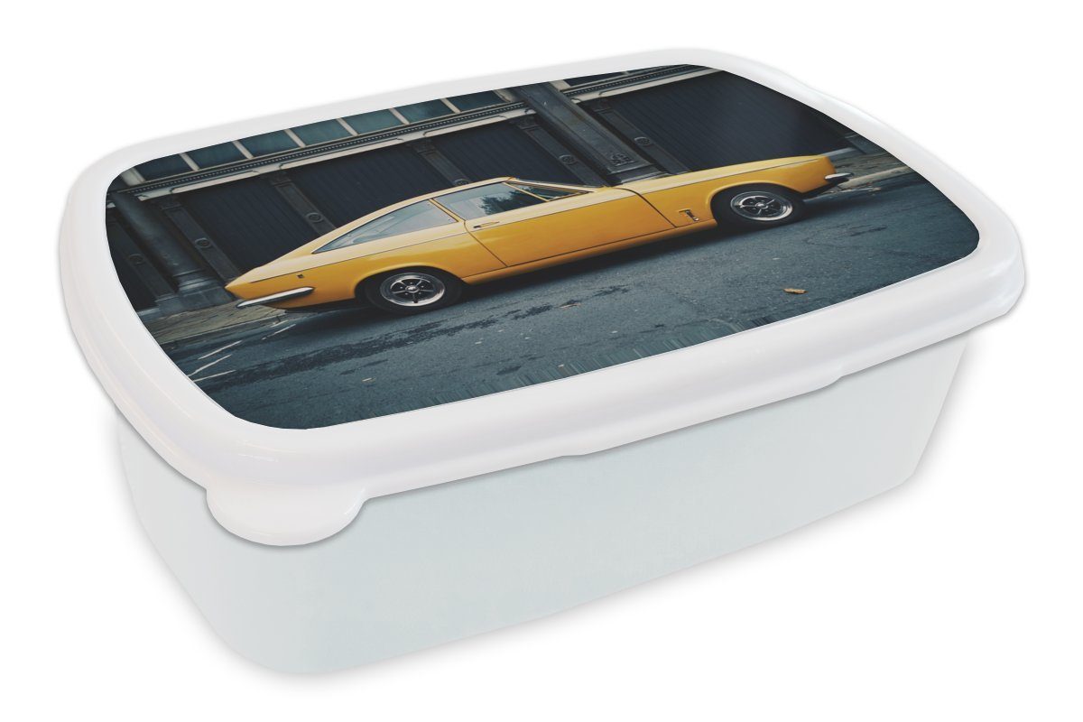 MuchoWow Lunchbox Autos - Oldtimer - Gelb, Kunststoff, (2-tlg), Brotbox für Kinder und Erwachsene, Brotdose, für Jungs und Mädchen weiß | Lunchboxen