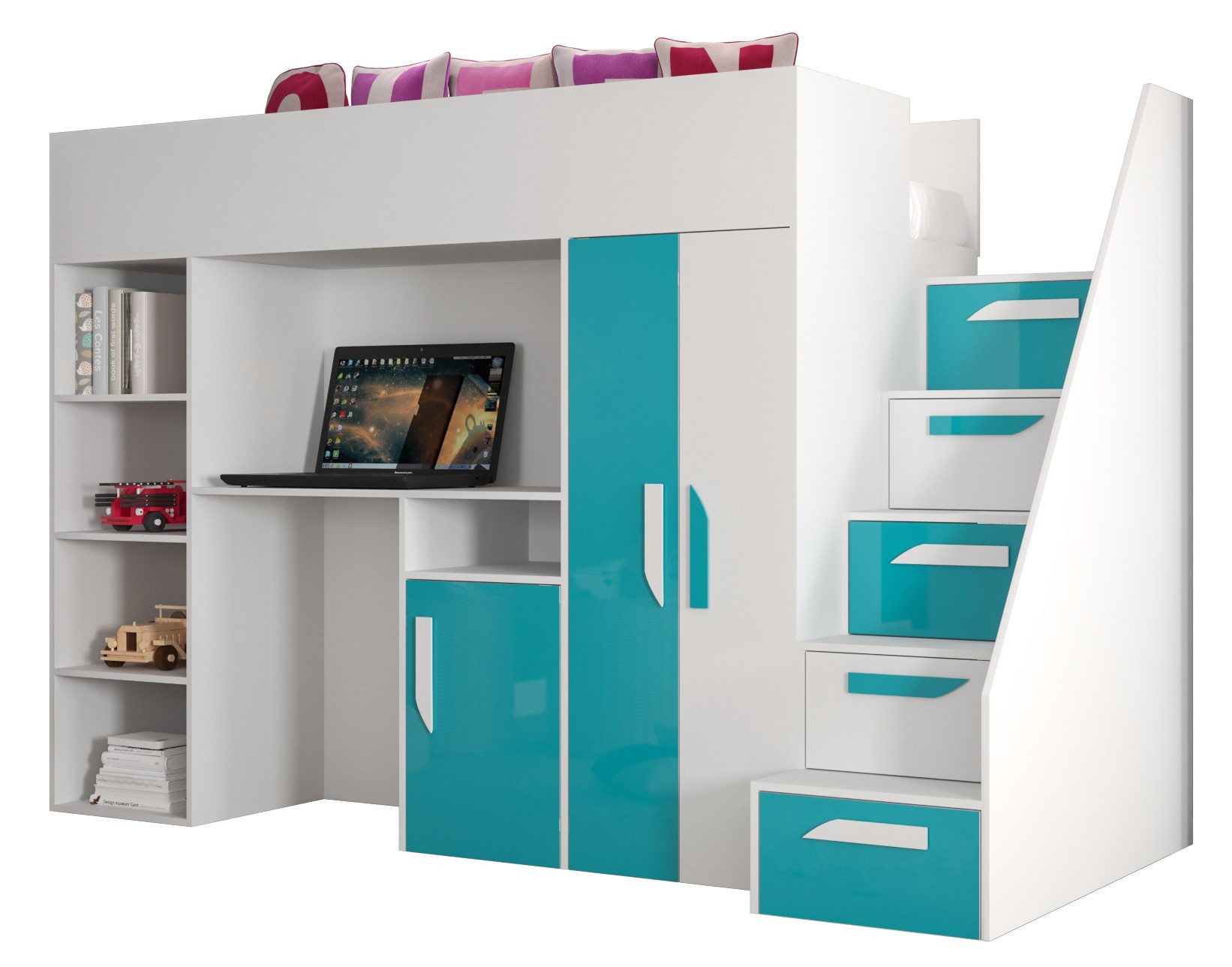 Hochbett PARTY 14 Etagenbett für Jugendliche mit Schreibtisch, Kleiderschrank