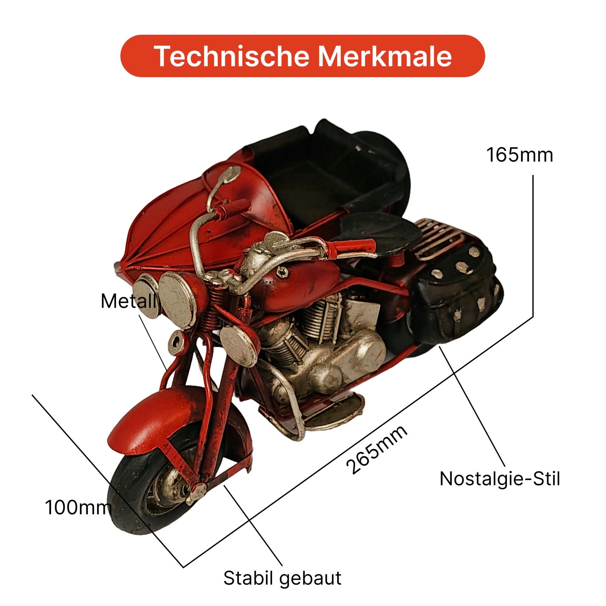 Dynasun Modellauto Car 1804D-489, (1-tlg), Motorrad SidecarRot 26,5cm aus Metall, Motorradmodell Sidecar Vintage
