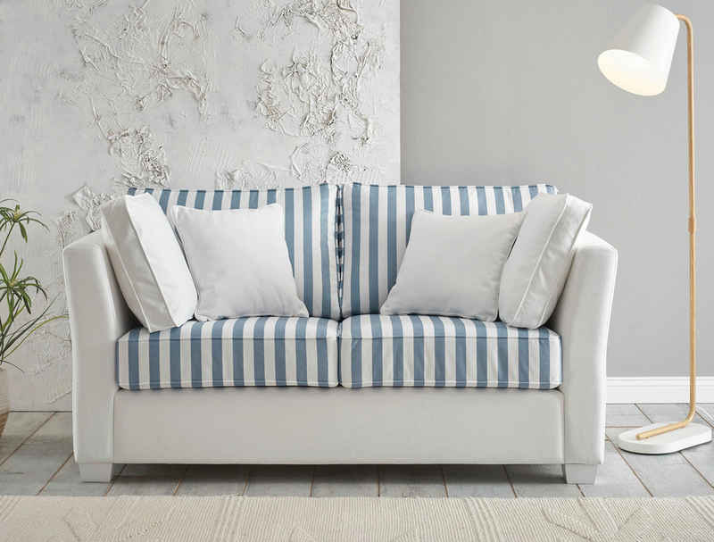 Empinio24 Sofa Wales, 2-Sitzer, mit Federkern, weiss blau gestreift