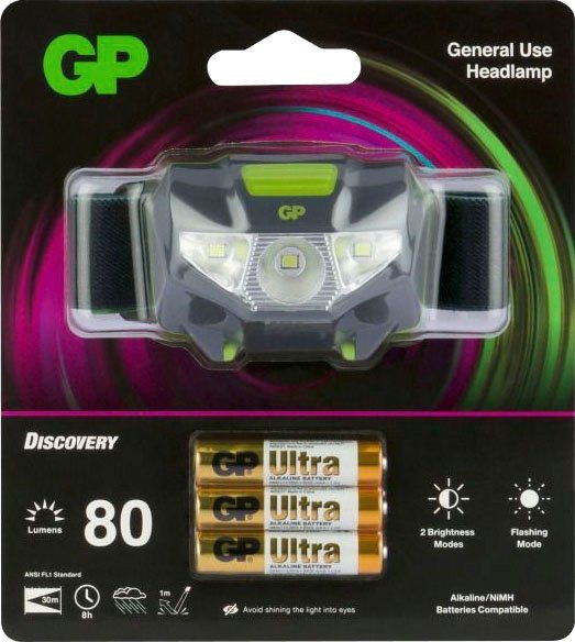 GP Batteries Stirnlampe GP Discovery CH32, GP Stirnlampe, 80 Lumen, inkl.  3x AAA Batterien, Leuchtzeit 16h, Leuchtweite 30m