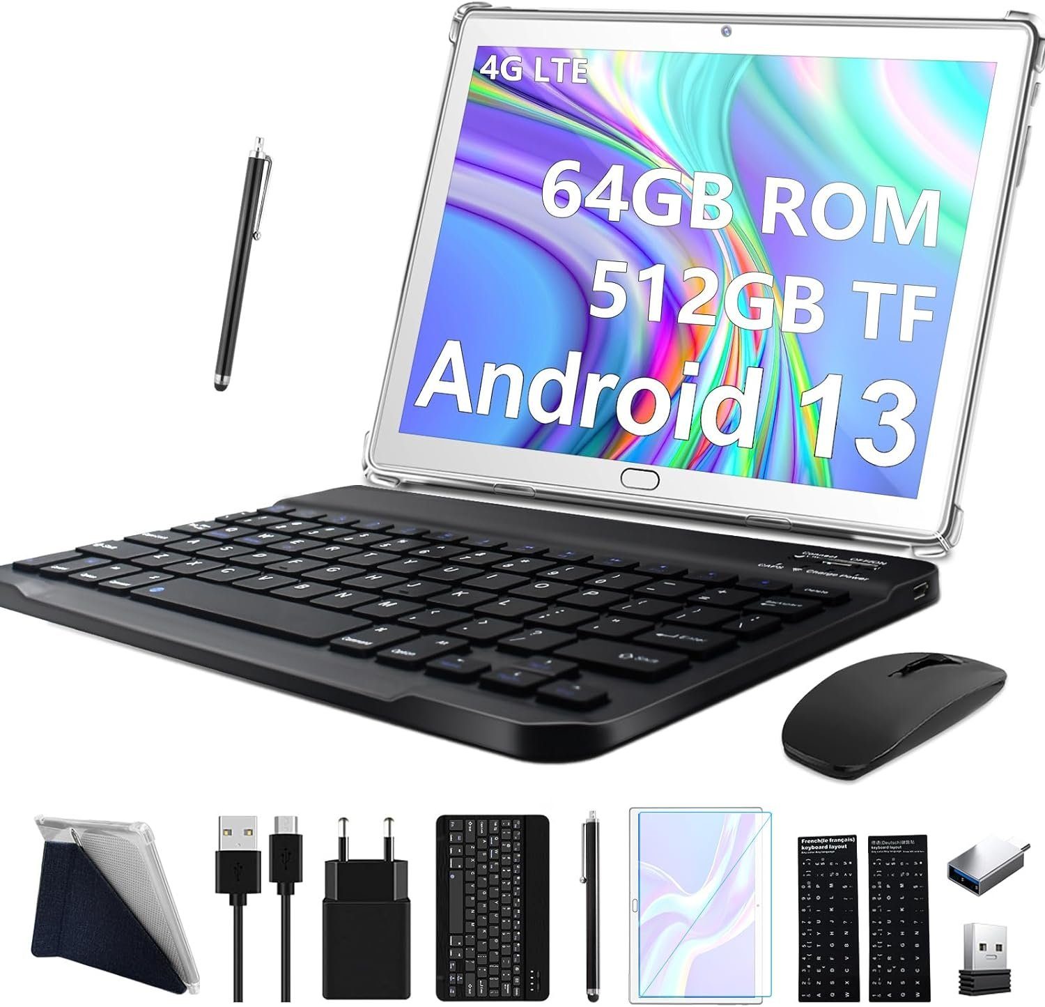 FEONAL Neueste Mit 2 SIM 1 SD, 2-in-1 Tablet (10", 64 GB, Andriod 13, 4G LTE, Mit Tastatur Maus Stift 512GB TF Octa-Core Bluetooth, WLAN GPS Typ C)