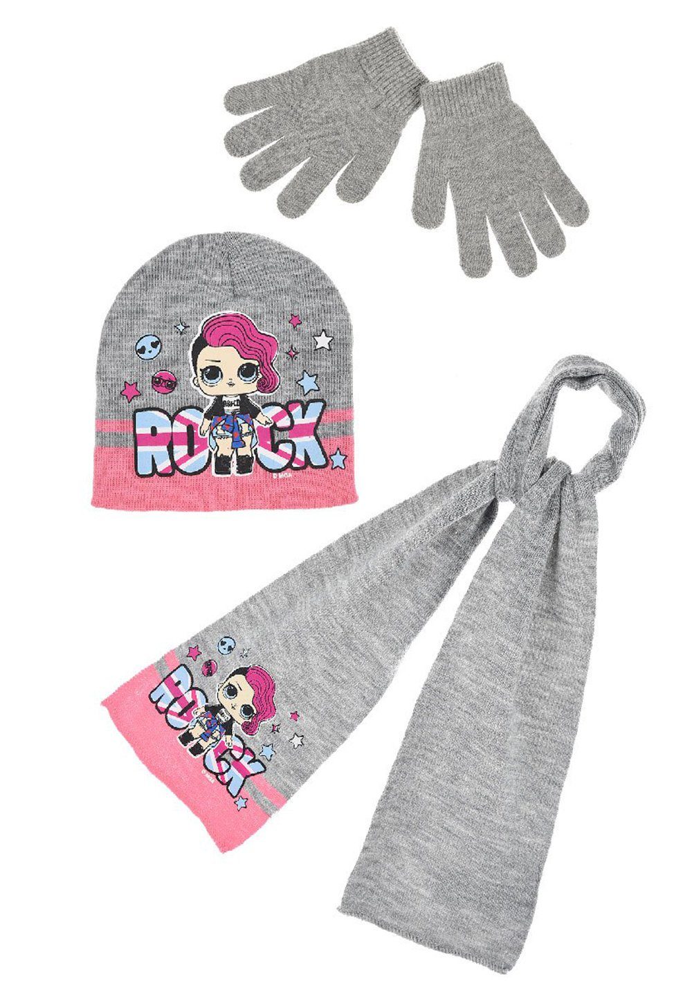 L.O.L. SURPRISE! Beanie Kinder Mädchen und Winter-Set 3-tlg. Schal (SET) Grau Handschuhe Mütze