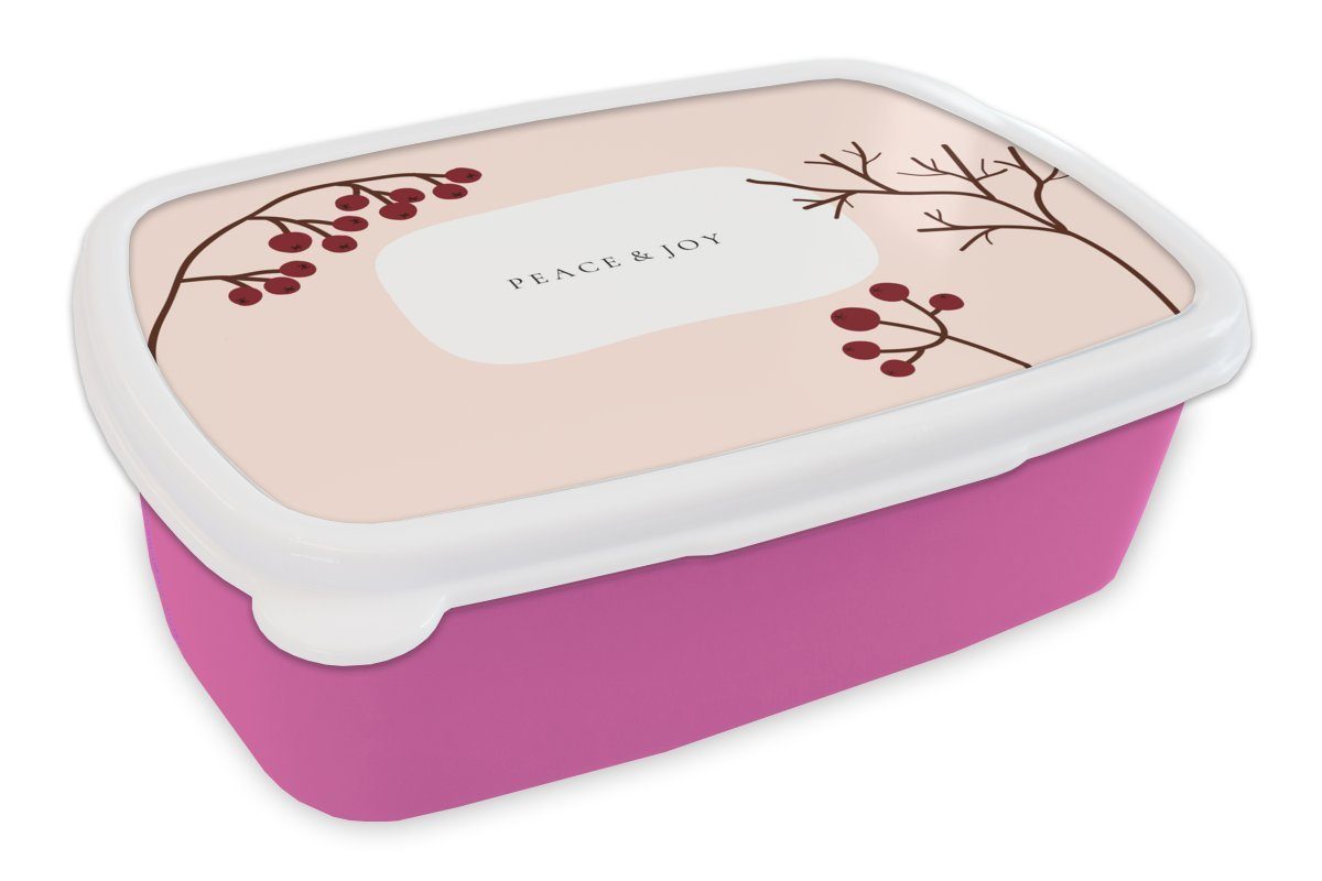 MuchoWow Lunchbox Beeren - Äste - Zitat - Rosa, Kunststoff, (2-tlg), Brotbox für Erwachsene, Brotdose Kinder, Snackbox, Mädchen, Kunststoff