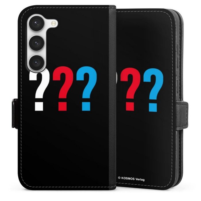 DeinDesign Handyhülle Die drei ??? Logo Offizielles Lizenzprodukt Drei Fragezeichen Logo Samsung Galaxy S23 Hülle Handy Flip Case Wallet Cover