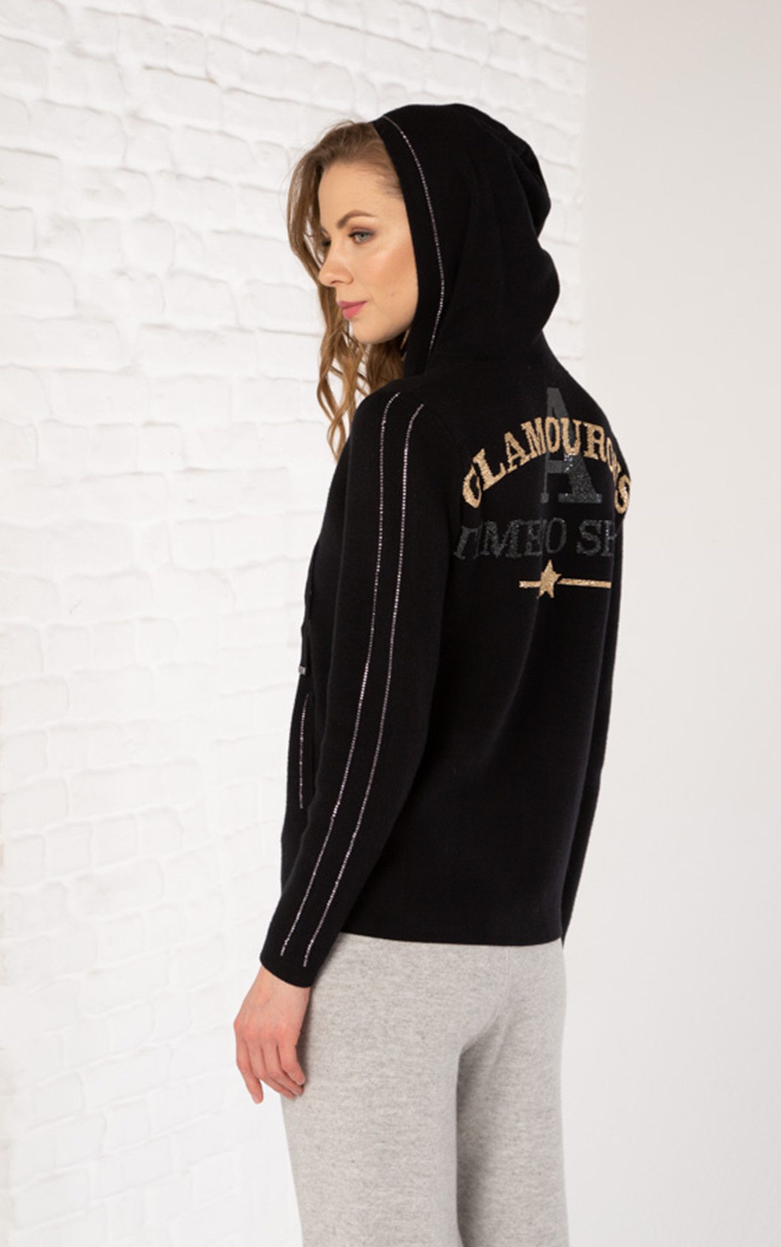 Passioni Kapuzenpullover mit Reißverschluss in schwarz und Glitzerdetails – Bild 3 von 4