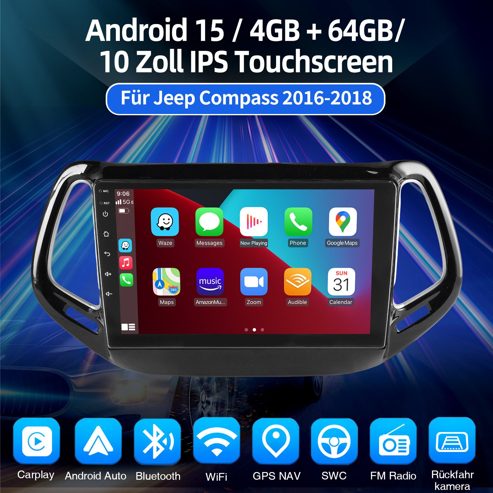 ESSGOO Für Jeep Compass 2017-2020 Android 15.0 Autoradio Carplay NAVI FM SWC Autoradio (DAB+ (optional), DAB (optional), 4+64GB(optional), RDS, AM, FM, Carplay  – Bild 2 von 5