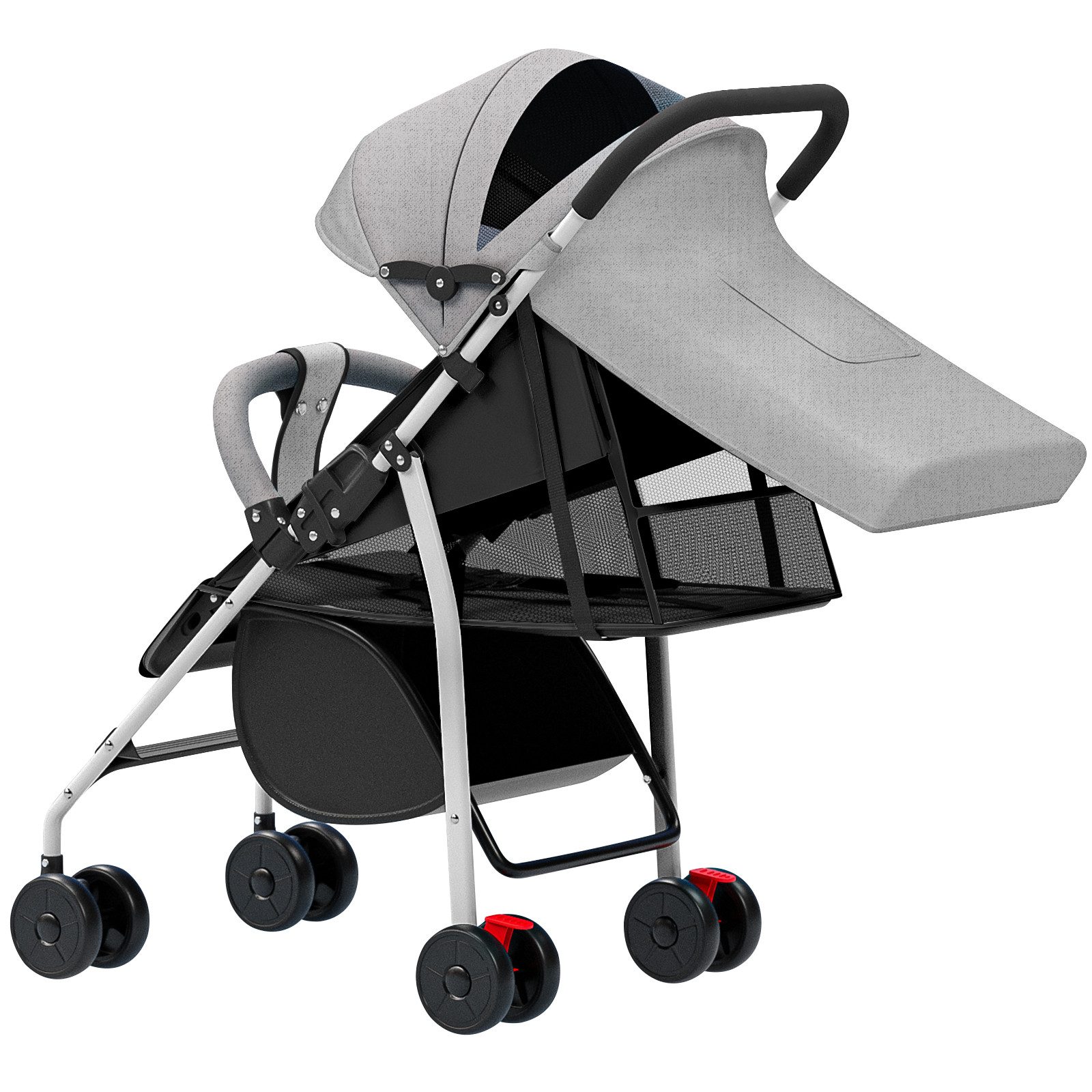 JEOBEST Kinder-Buggy Baby Kinderwagen, 0–3 Jahre, 3 Liegepositionen, flache Liegeposition, Klein Zusammenklappbar, Tasche im Verdeck, XL Korb