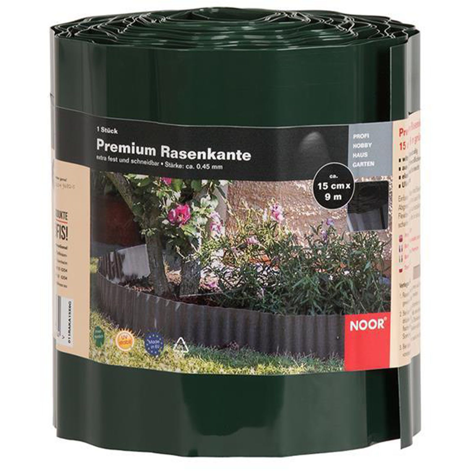 NOOR Rasenkante Premium - 15 cm x 9 m Grün - Beeteinfassung für den Garten, individuell zuschneidbar - saubere und langlebige Abgrenzung für Beete