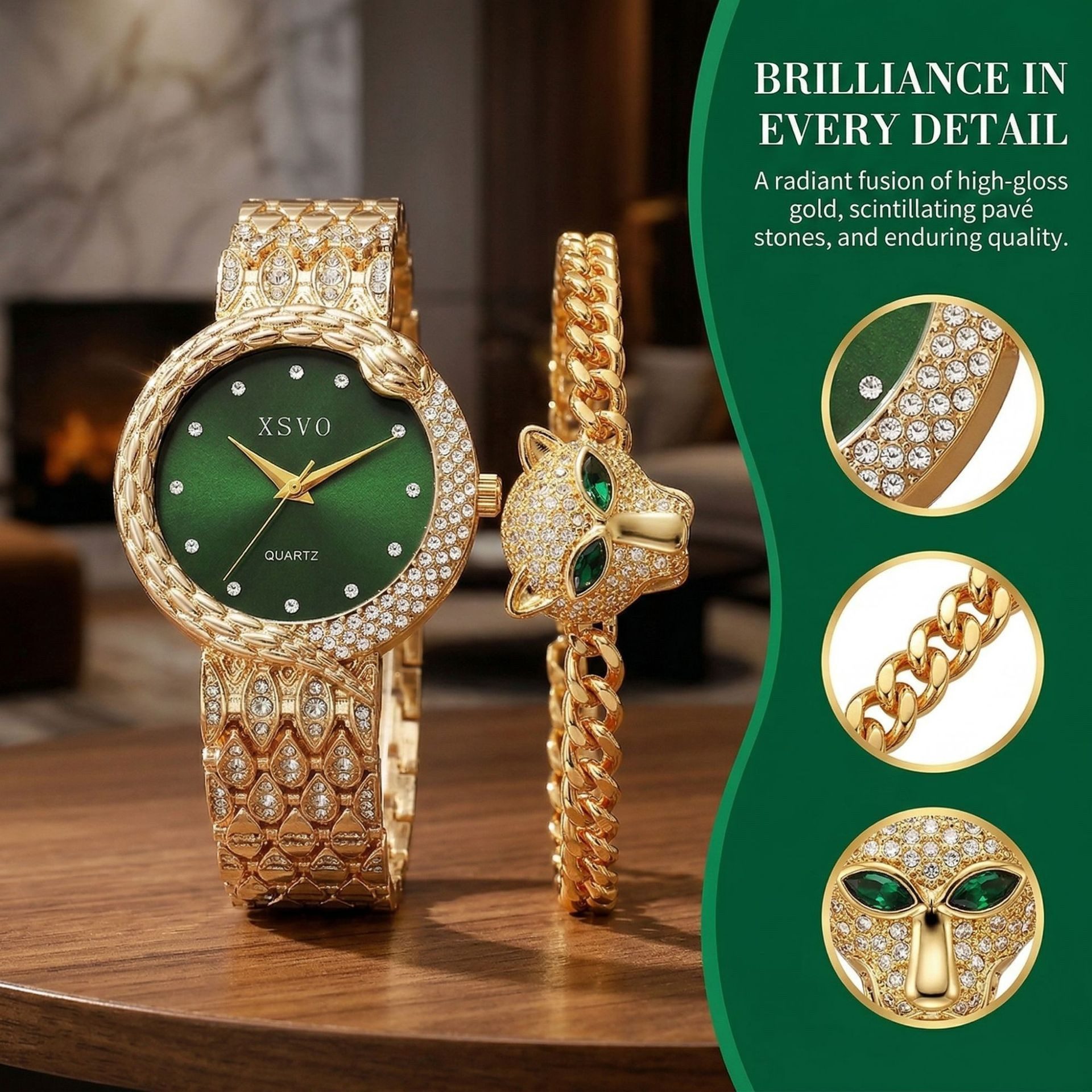 Fyrove Quarzuhr Damen Quarzuhr Schmuckset mit Panter-Armband, (Luxus Geschenkset mit goldener Damenuhr, Smaragdgrünem Zifferblatt & Zirkonia-Schmuck für Frauen, Valentinstag, Geburtstag, Weihnachten)