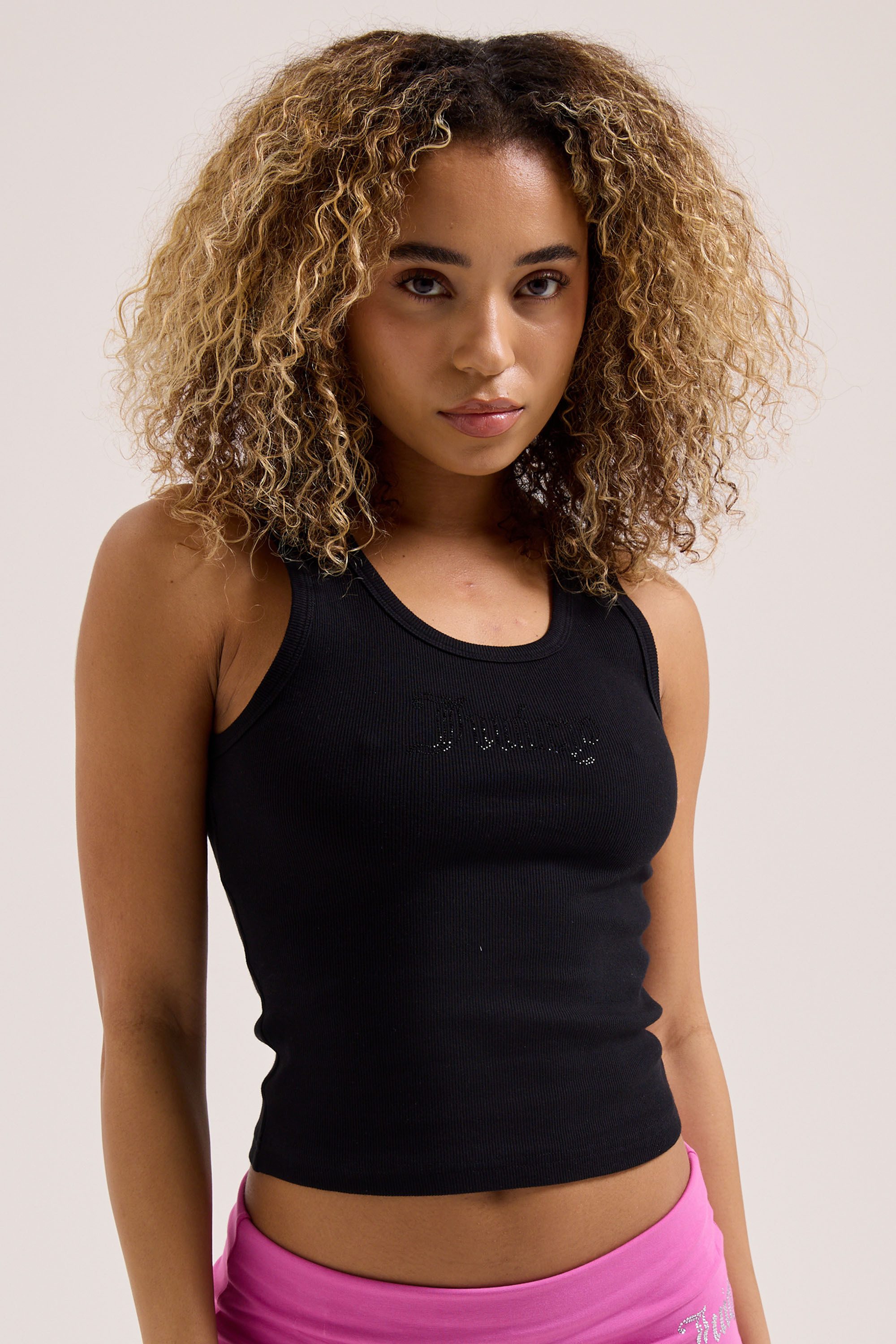 Juicy Couture T-Shirt THIN STRAP RACER VEST Damen T-Shirt Damen, Schriftzug, Sportshirt, Trägertop, mit Glitzer, Sale