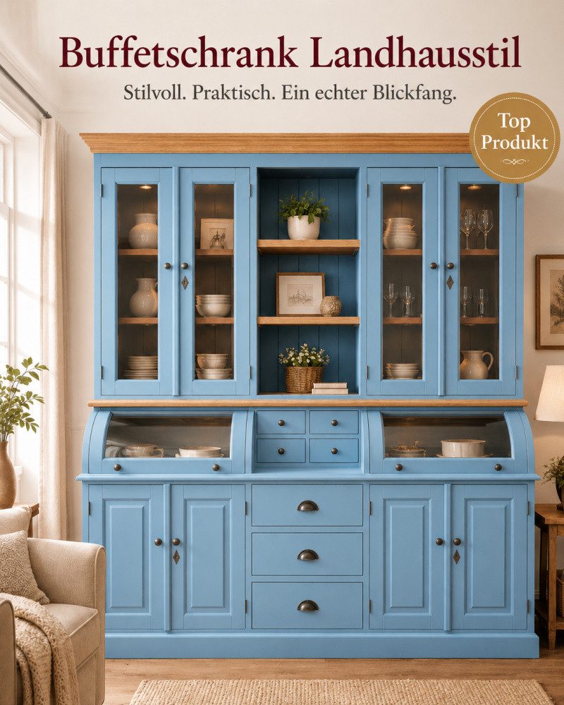 Wohnpalast Buffet Landhaus Buffet Schrank Berlin 200 cm Lichtblau mit Eiche- Landhaus Mö