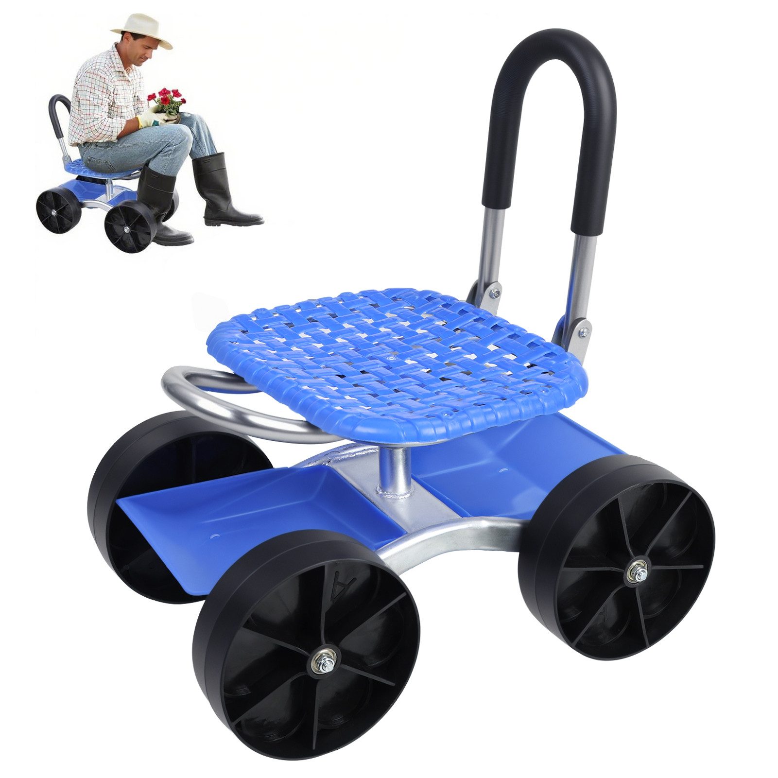 Rutaqian Rollsitz 360 Grad Fahrbarer Gartensitz mit Stauraum, bis 150kg (Arbeitshocker mit Werkzeughalter & Rollen, 1 St., 1 x Mobiler Rollsitz), höhenverstellbar 45-60cm,Gartenhocker Schubkarre 60 x 41 x 37 cm