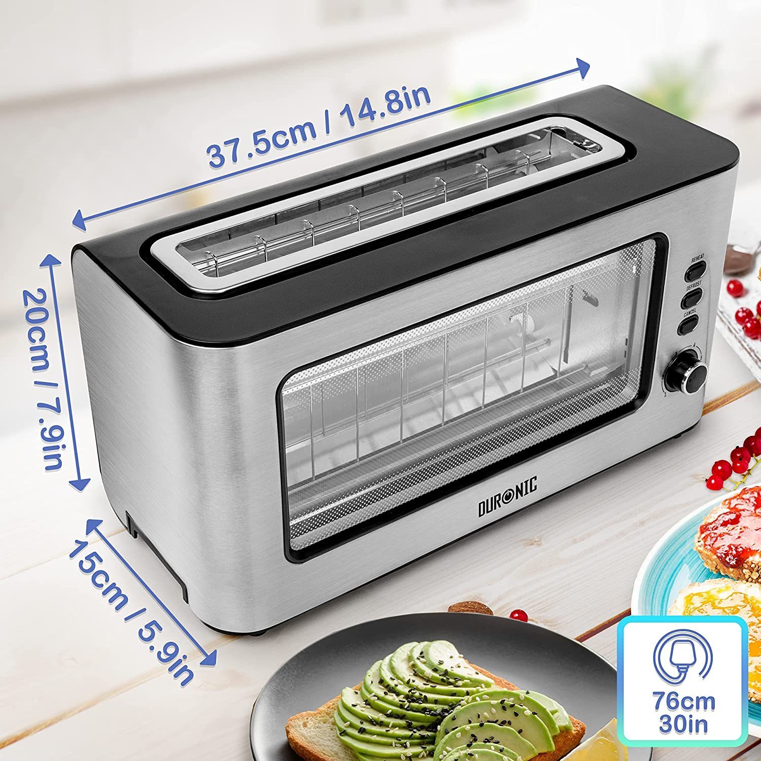 Duronic Toaster TB10, 1 langer Schlitz, für 2 Scheiben, 1000 W, Toaster mit Glasfenster