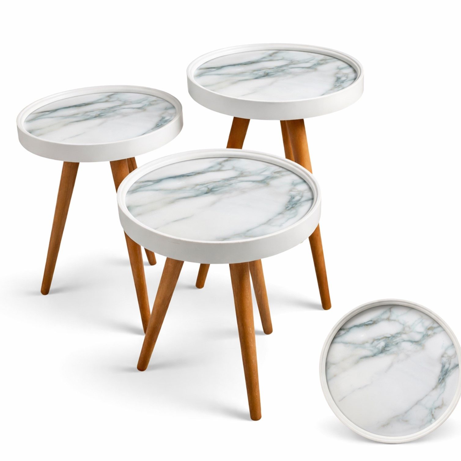HOOZ Beistelltisch Satztisch 3er Set Beine Holz rund Ø 38 cm, Höhen: 47/ 53/ 59 cm Grau (Set, 3-St., 3× Sofatisch), Platzsparendes 3er Couchtisch Set – flexibel ineinander schiebbar