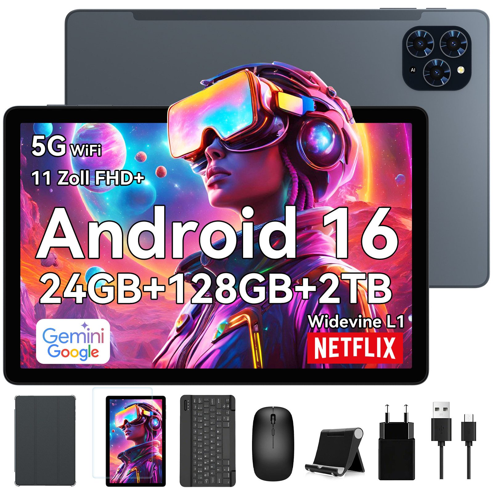 TABWEE T90 11" FHD Android 16 WiFi (2025) incl. Tastatur/Maus/Hülle Tablet (11", 128 GB, Android16, FHD Display, Android 16, KI-Unterstützung, mit Zubehör)