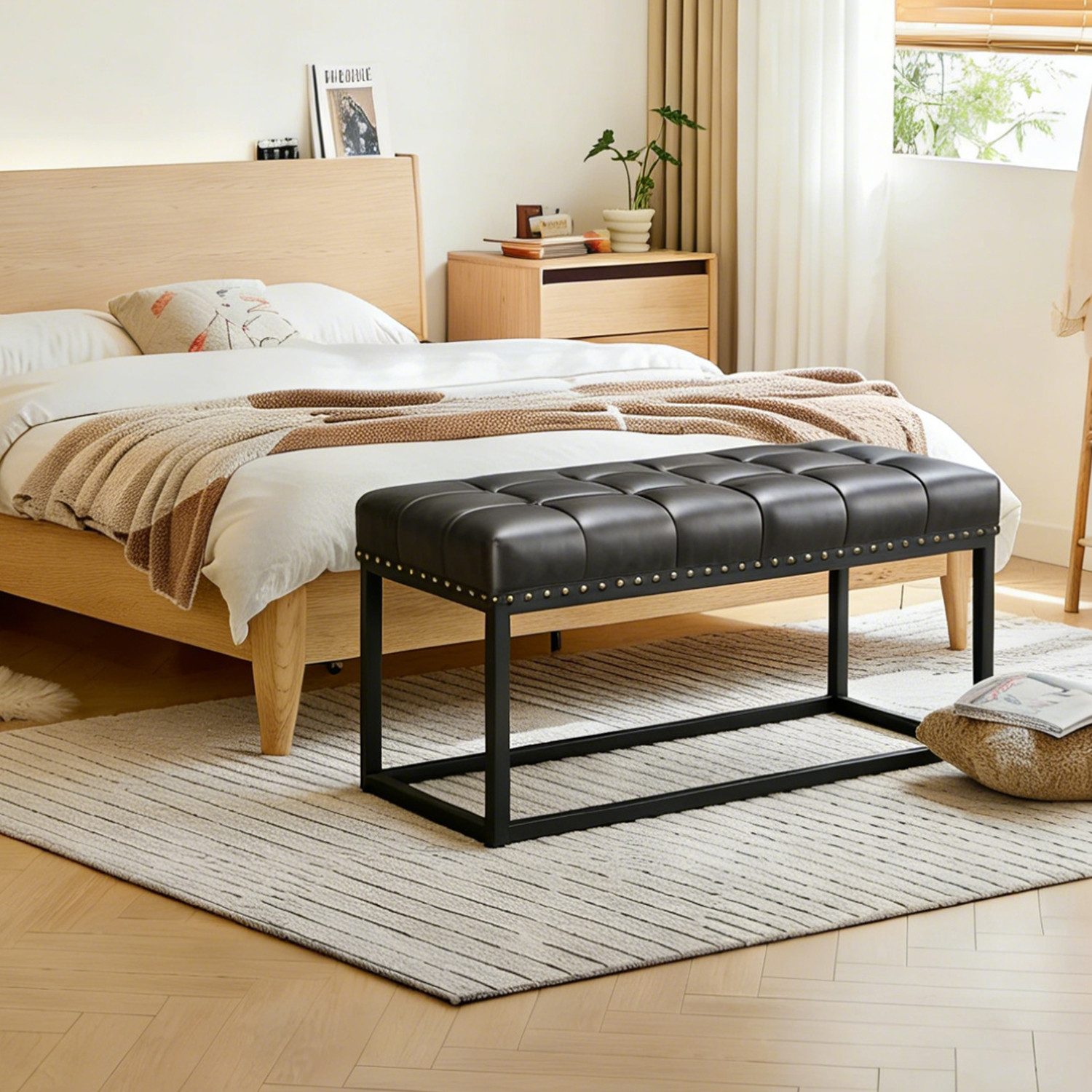 MODFU Polsterbank Gepolsterte Bank 91 cm, Industrieller Metallrahmen, Knopfheftung (schwarzes Kunstleder, 1-St., stabiler Sitz für Flur, Schlafzimmer & Wohnzimmer), Vintage, Vielseitig als Essbank, Fußbank oder Ablage am Bettende