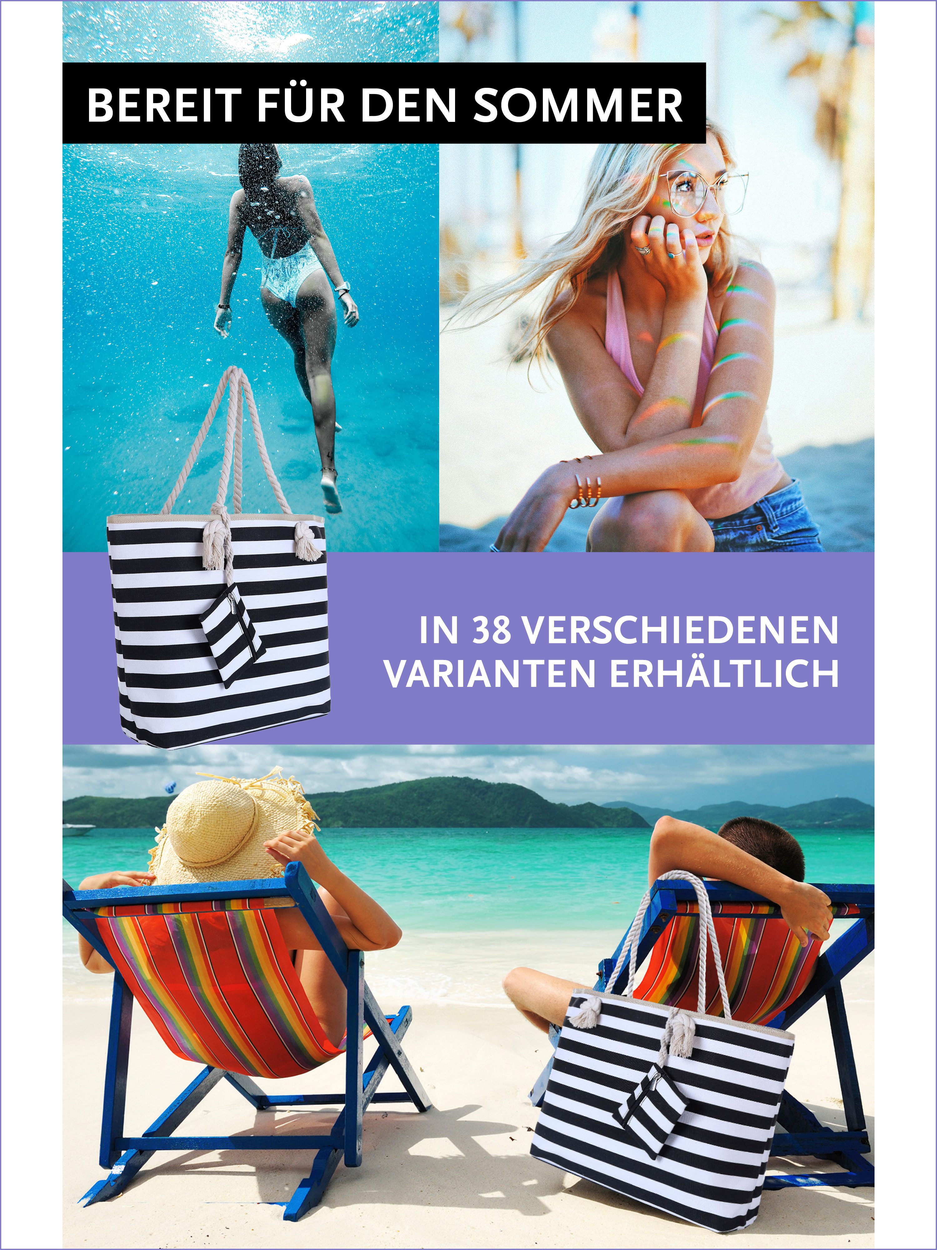 DonDon Strandtasche Shopper Schultertasche Beach Style (2-tlg), Große Strandtasche, mit Reißverschluss, tolle Motive – Bild 5 von 5