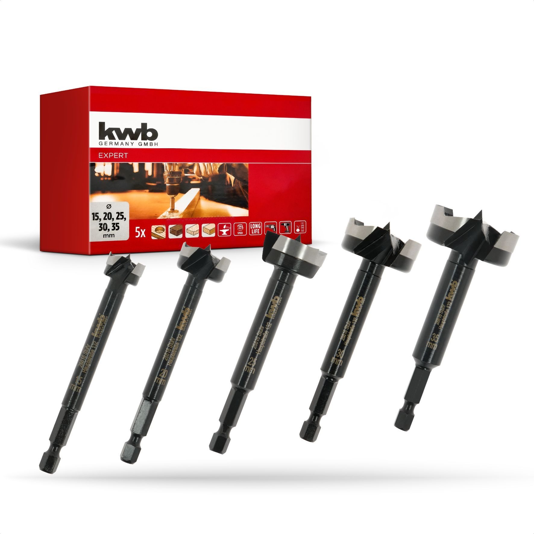 kwb Bohrer- und Bit-Set, kwb Forstnerbohrer-Set 5-tlg. (15-35 mm, 88 mm Länge, Hex-Schaft, ausr