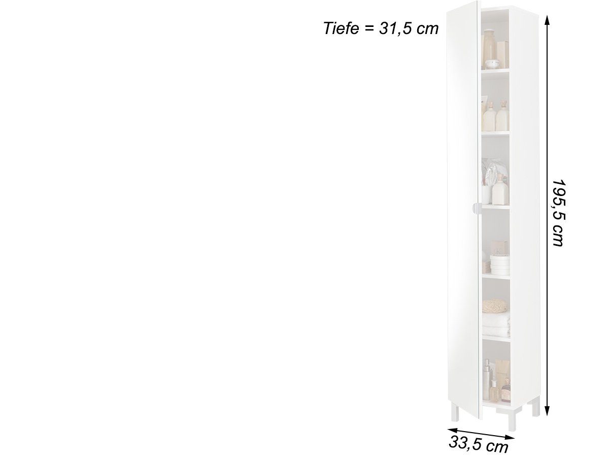 5 cm, Hochschrank Hochschrank 1 33,5 möbelando Kleo" mit Tiefe cm. Spanplatte Moderner Fachböden Spiegeltür, in cm, 195,5 Höhe Breite weiß, aus und 31,5