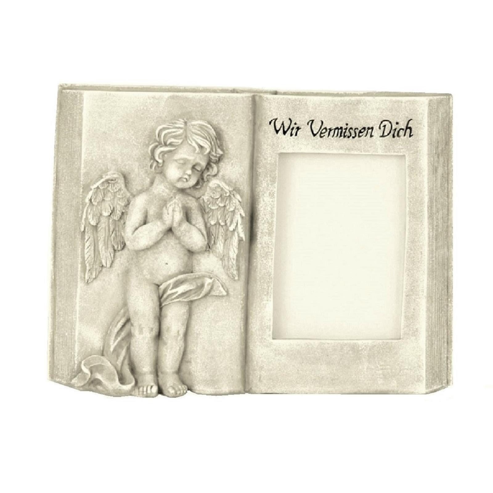 Geschenkestadl Engelfigur Grabschmuck Gedenkbuch Engel mit Bilderrahmen Wir vermissen Dich (Spar-Set, 1 St., mit Schriftzug Wir vermissen dich), Grabschmuck Buch mit Engel
