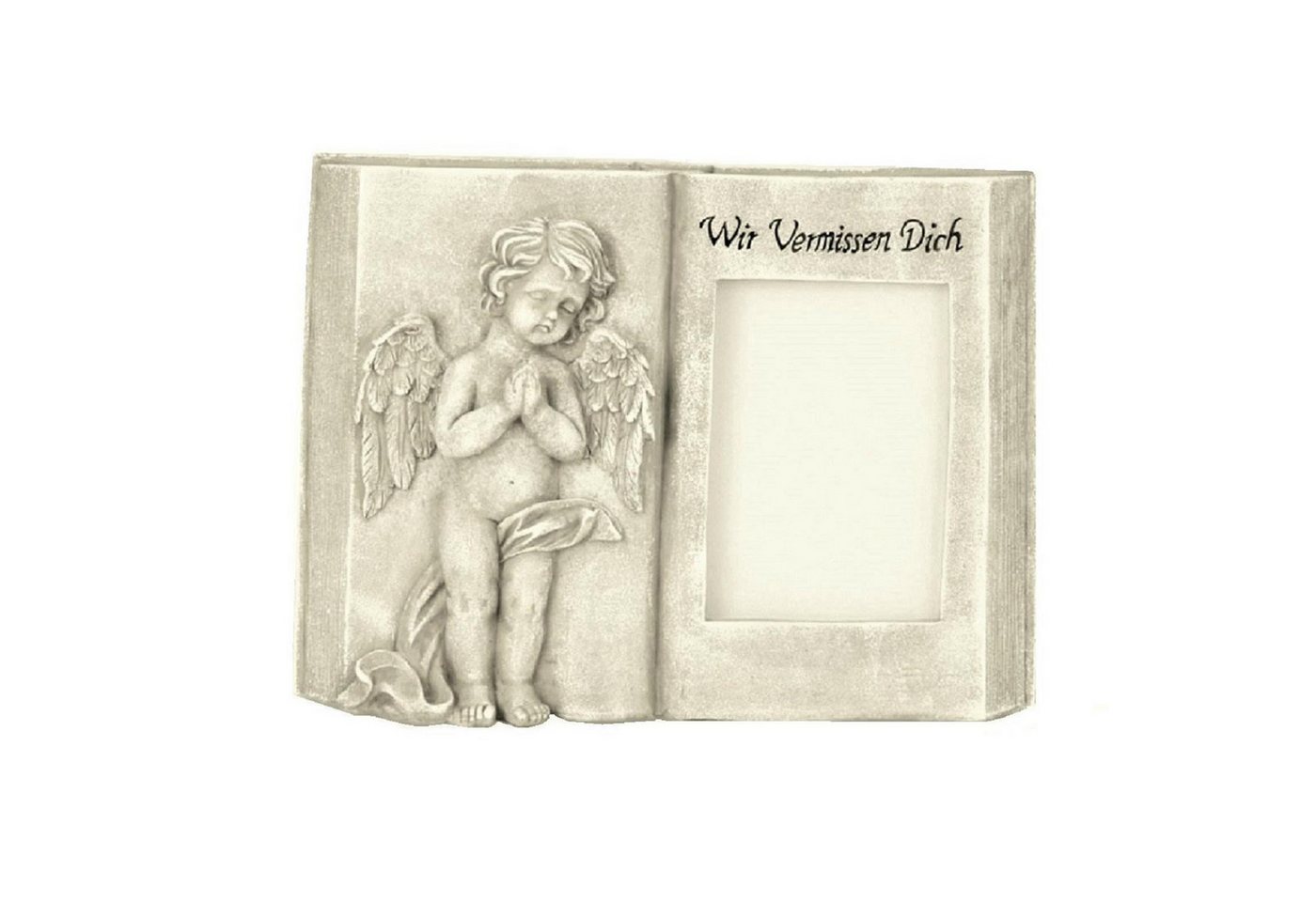 Geschenkestadl Engelfigur Grabschmuck Gedenkbuch Engel mit Bilderrahmen Wir vermissen Dich (Spar-Set, 1 St., mit Schriftzug Wir vermissen dich), Grabschmuck Buch mit Engel