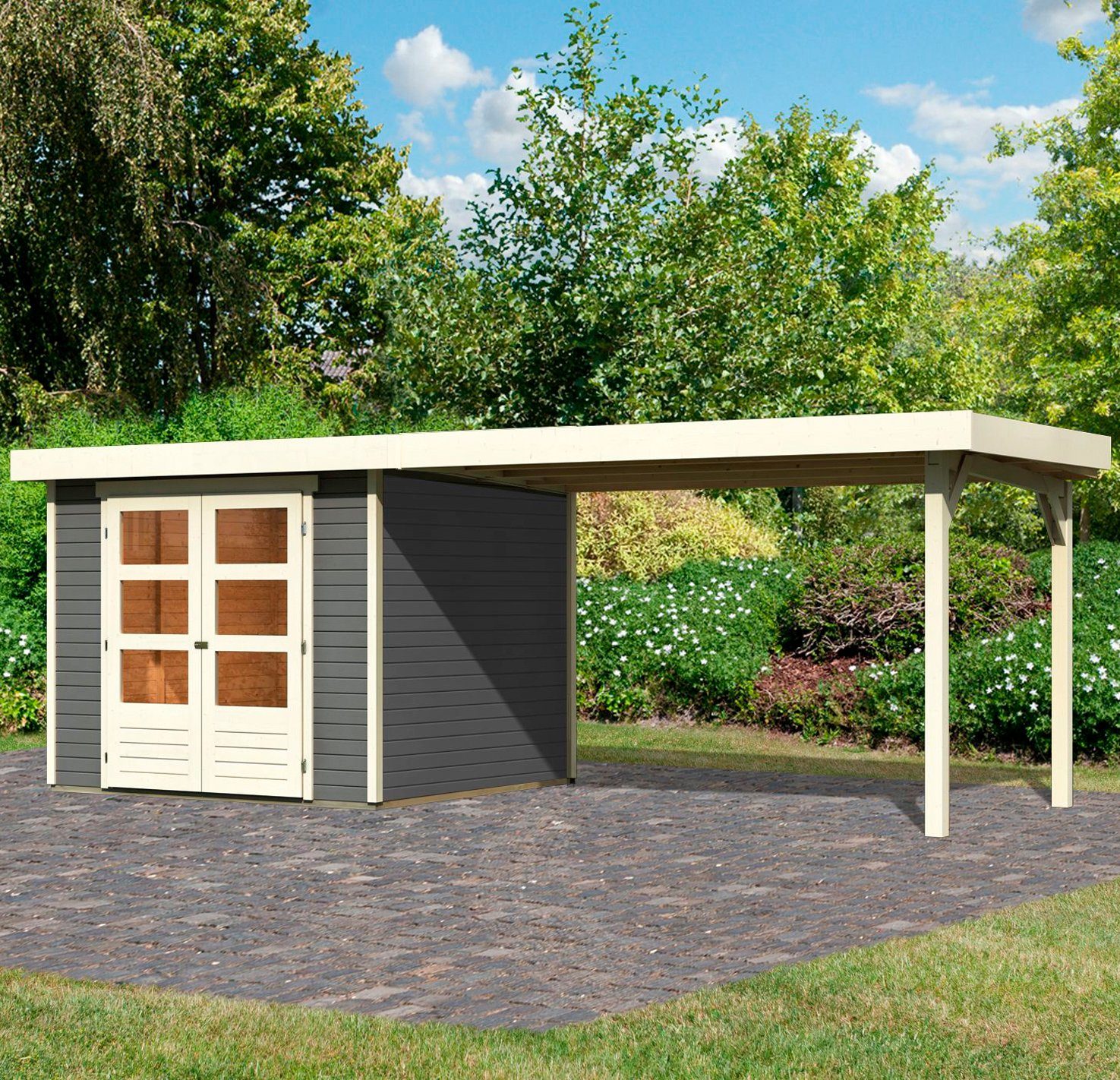 Karibu Gartenhaus Arnis 3,5, BxT: 266x262 cm, (Set), mit Anbaudach 2,80 cm Breite