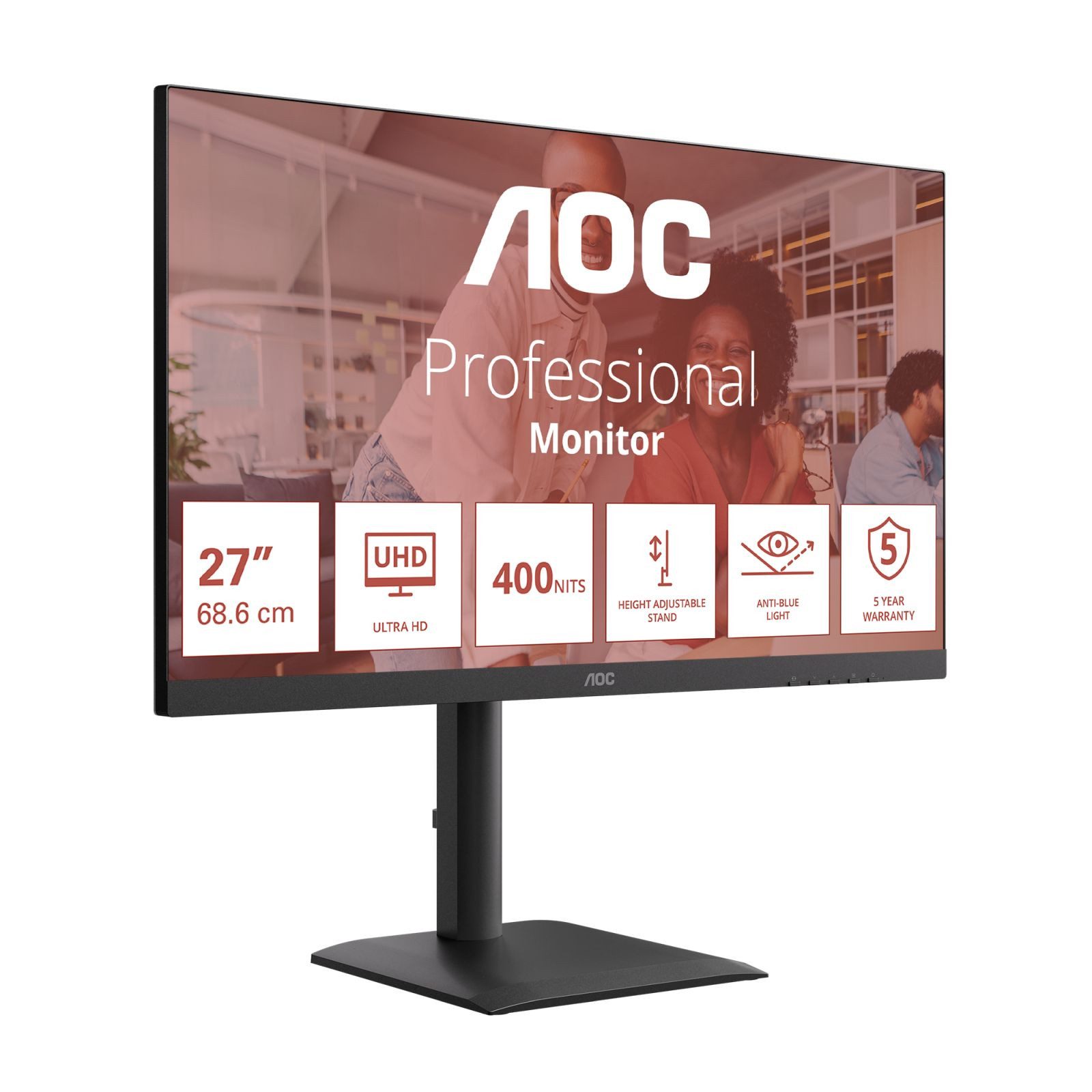 AOC 68,6cm (27) U27E4CV 16:09 2xHDMI+DP+USB-C Lift Spk. bl TFT-Monitor (3840 x 2160 px, 4K Ultra HD, 4 ms Reaktionszeit, 60 Hz, IPS, Lautsprecher, HDCP, Kopfhörerbuchse, Pivot, Höhenverstellbar)