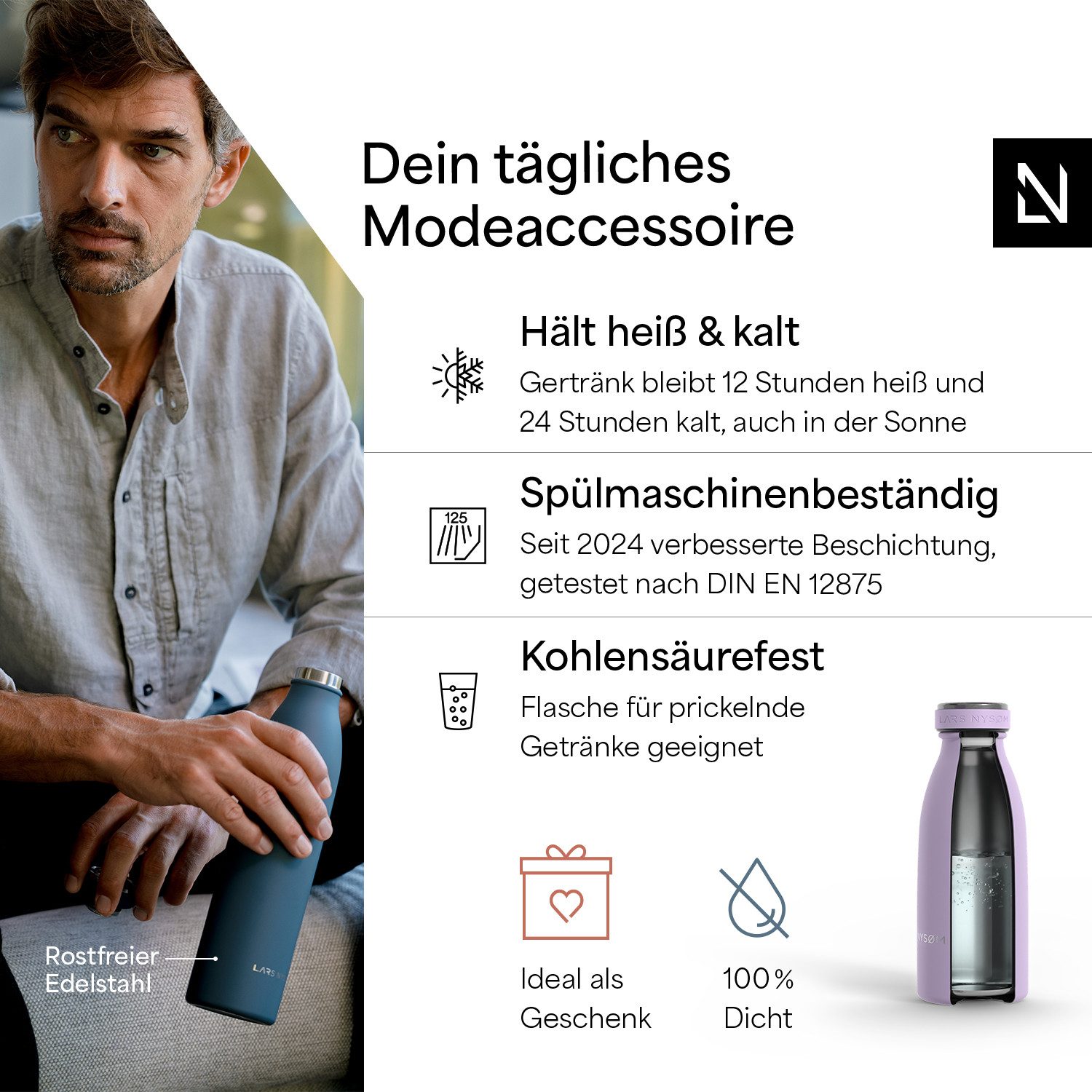 LARS NYSØM Thermoflasche Ren, Isolierflasche mit Vakuum Isolierung: 12h heiß / 24h kühl