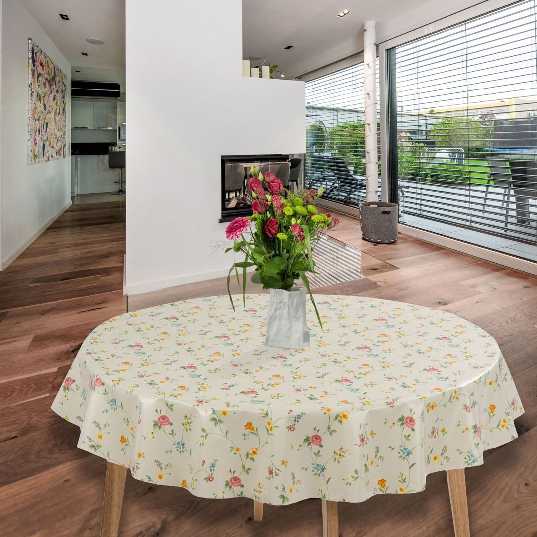 laro Tischdecke Wachstuch-Tischdecken Abwaschbar Blumen Rose Gelb Grün Rund 140cm