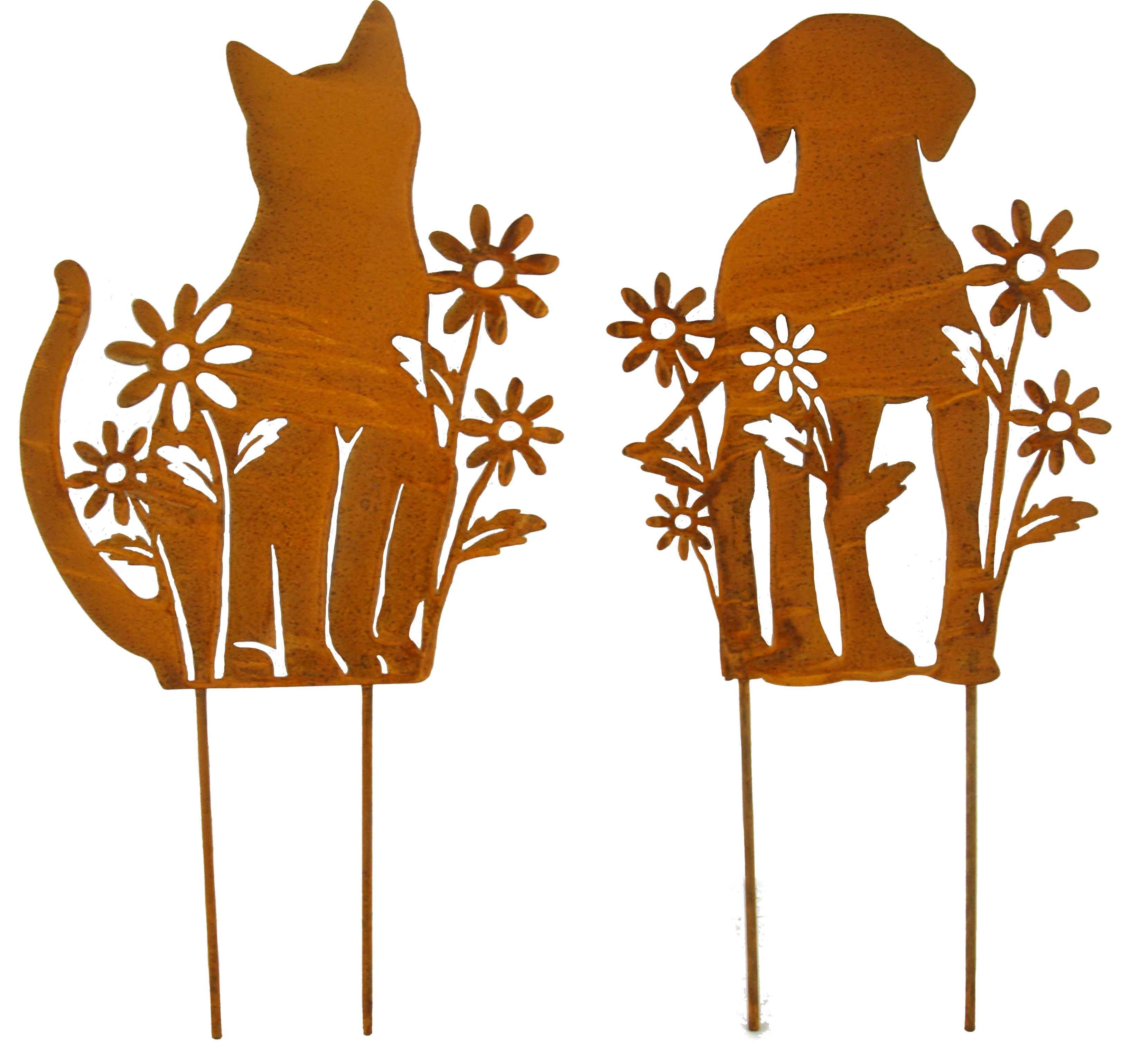 Gartenstecker Wunderschönes Beetstecker Set Katze und Hund mit Blumen