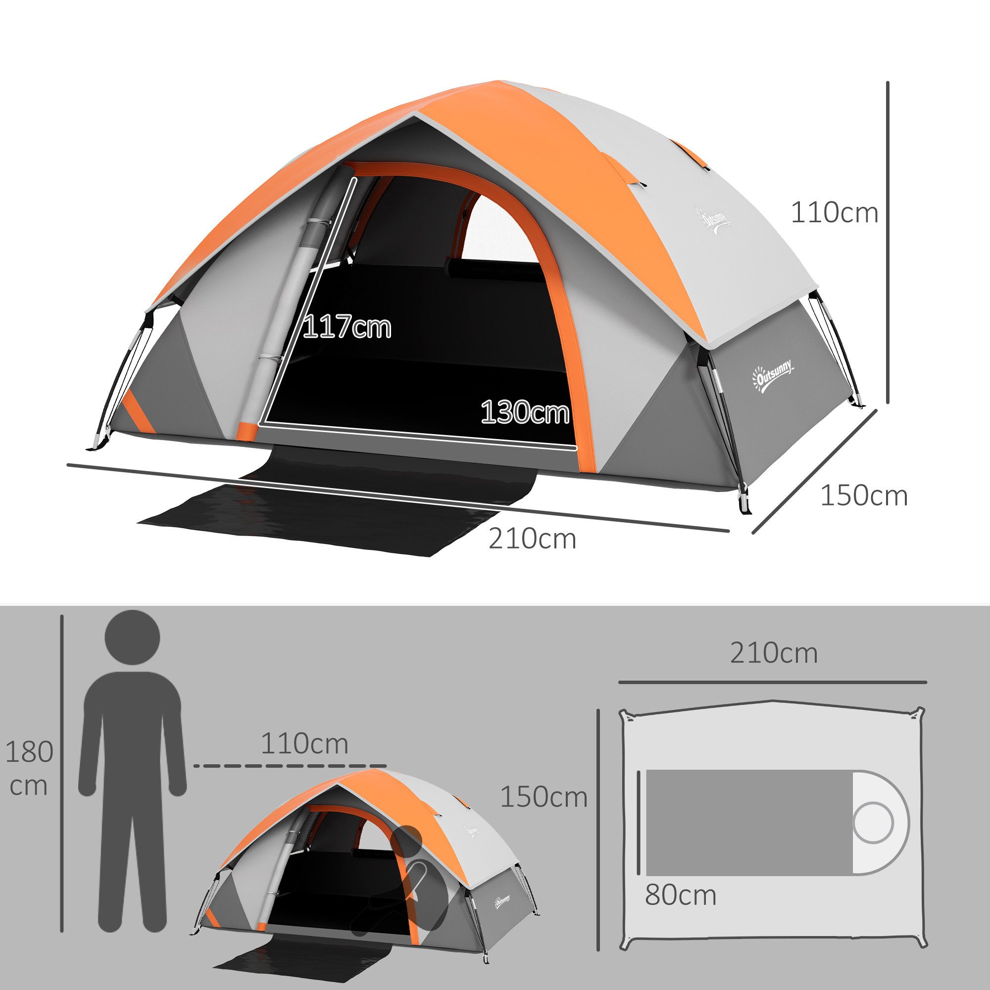 Outsunny Kuppelzelt Familienzelt wasserdicht mit Tür&Fenster Zelt, Personen: 2 (Campingzelt für 2 Personen, 1 tlg., Familienzelt mit 3000mm Wassersäule), für Camping Reise Trekking Garten