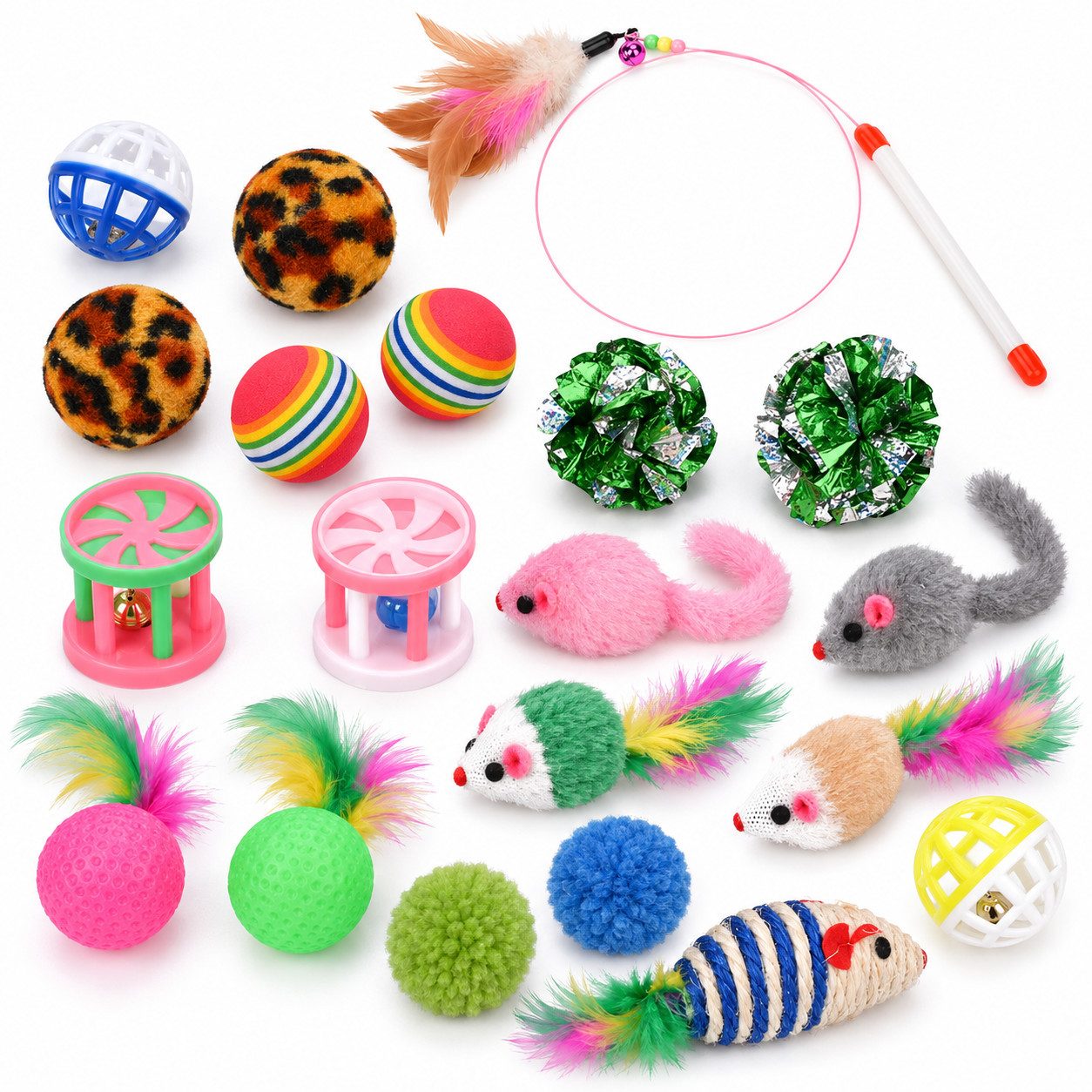 Gartiva® Tier-Beschäftigungsspielzeug Katzenspielzeug-Set, 20-teilig, mit Mäusen, Bällen und Spielangel, Schonend für Zähne und Pfoten