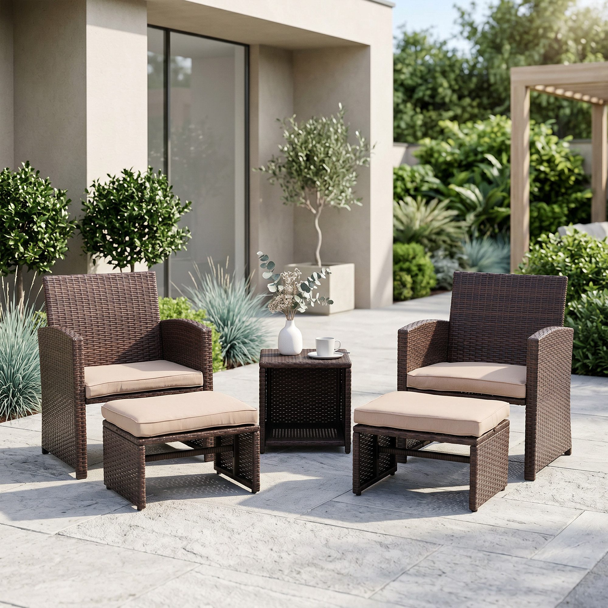 JOIVI Balkonset 5-tlg Garten Unterhaltung Set, (Balkon Möbel Set mit Kissen, brauner Rattan-Sessel mit Hocker&Couchtisch), für Garten, Hinterhof und Veranda (Beige)