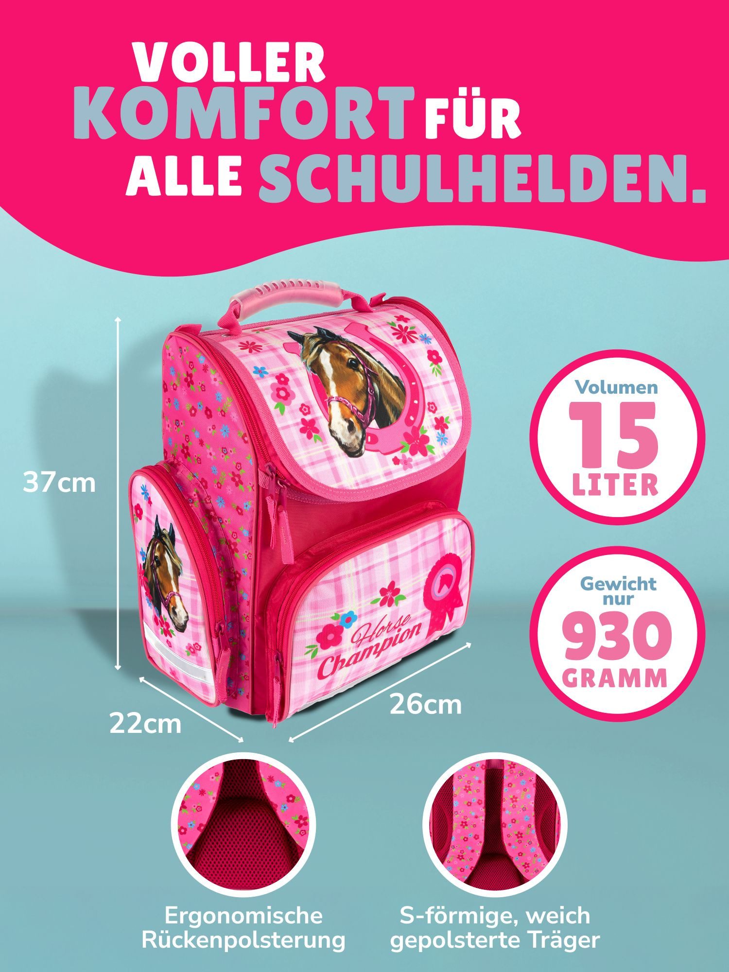 Familando Schulranzen Clou Pferde Champion Schultasche, rosa, ab 1. Klasse (Komplett-Set, 10-tlg., mit Lunch-Set, Sporttasche und Schultüte 85cm), kompakt, mit  – Bild 3 von 5