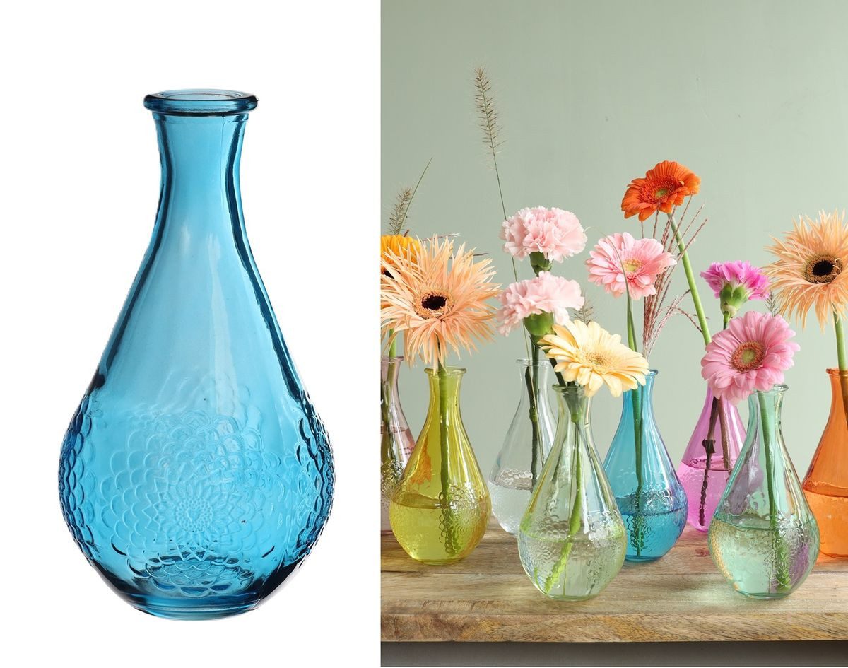 NaDeco Dekovase Glasvase mit Blumenmuster – Bunte Dekovase aus Glas in Blau, Ø9x16 cm