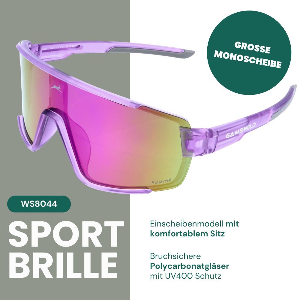 Gamswild Monoscheibensonnenbrille UV400 Sonnenbrille Skibrille Fahrradbrille eng anliegend Sportbrille WS8044 Damen, Herren in rosa, lila, grün