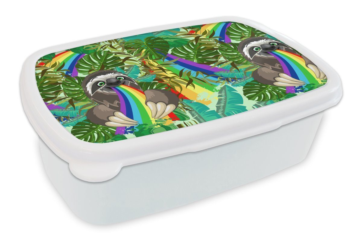 MuchoWow Lunchbox Faultier - Regenbogen - Blätter - Muster, Kunststoff, (2-tlg), Brotbox für Kinder und Erwachsene, Brotdose, für Jungs und Mädchen weiß