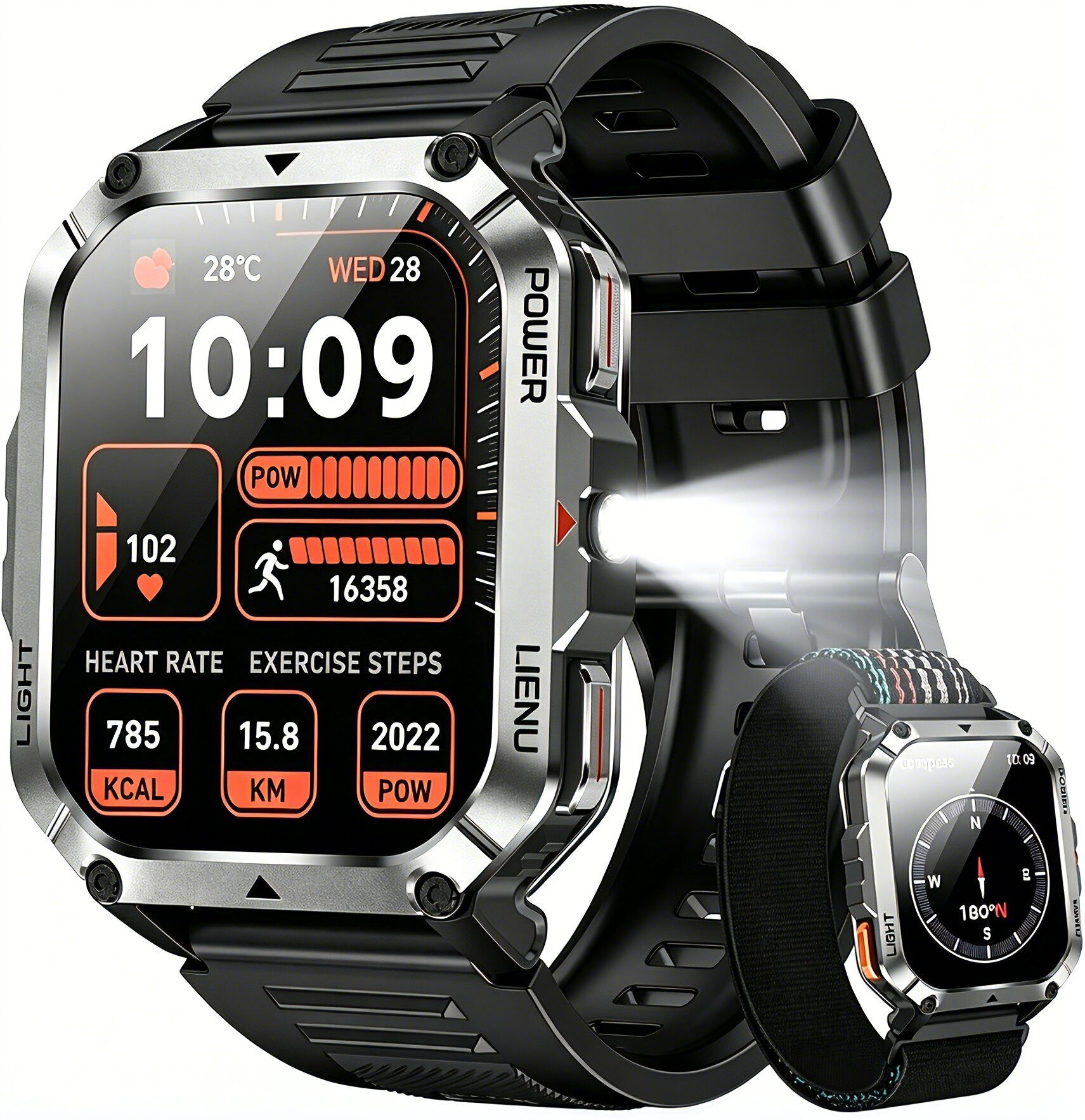 blackview 2,01'' Militär Smartwatch Herren mit 900mAh Fitnessuhr,100+ Sportmodi Smartwatch (5,1 cm/2,01 Zoll, iOS/Android), Sportuhr Herren mit 2 Armbändern,Taschenlampe,IP68,20 Tage Akku,SOS