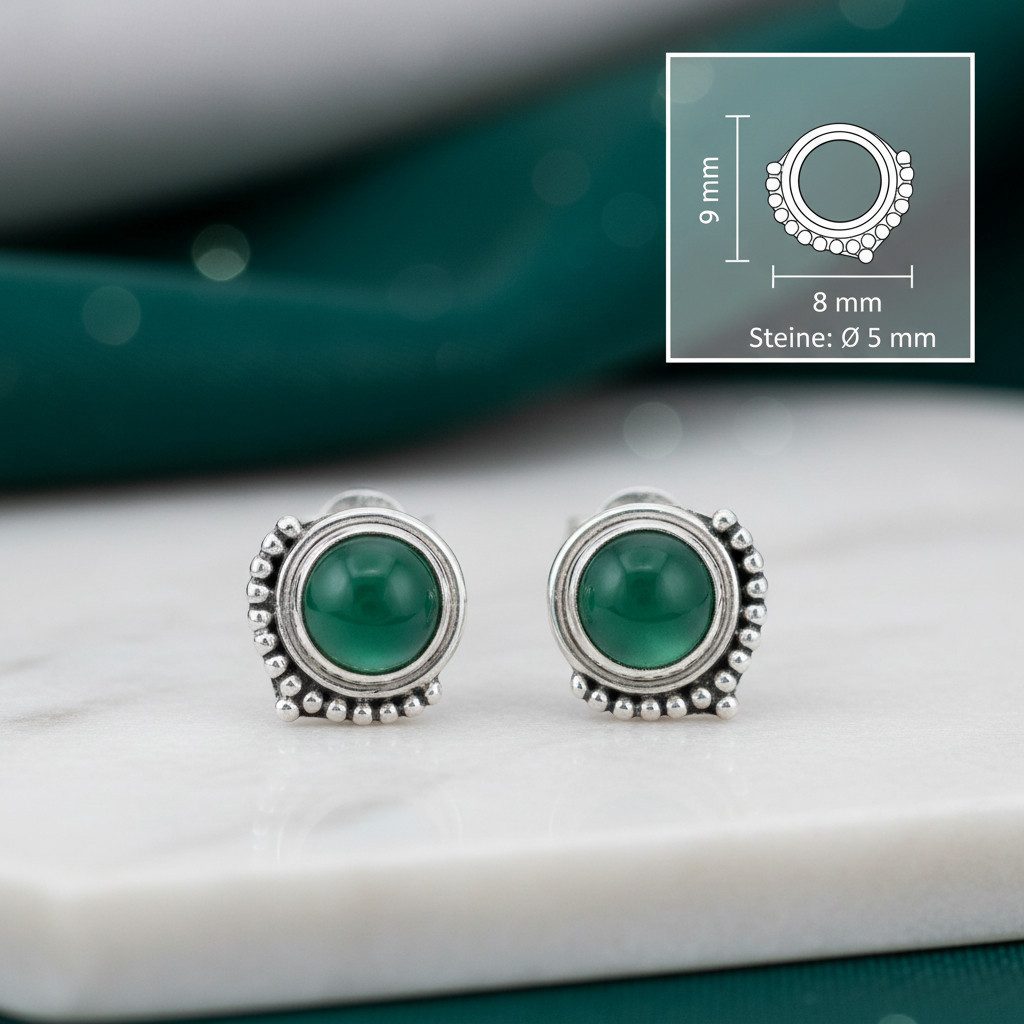 mantraroma Paar Ohrstecker SUNI aus 925 Silber mit grünen Onyx (Paar, Paar Ohrringe mit Schmuckbeutel), 925 Sterling Silber Ohrringe für Damen