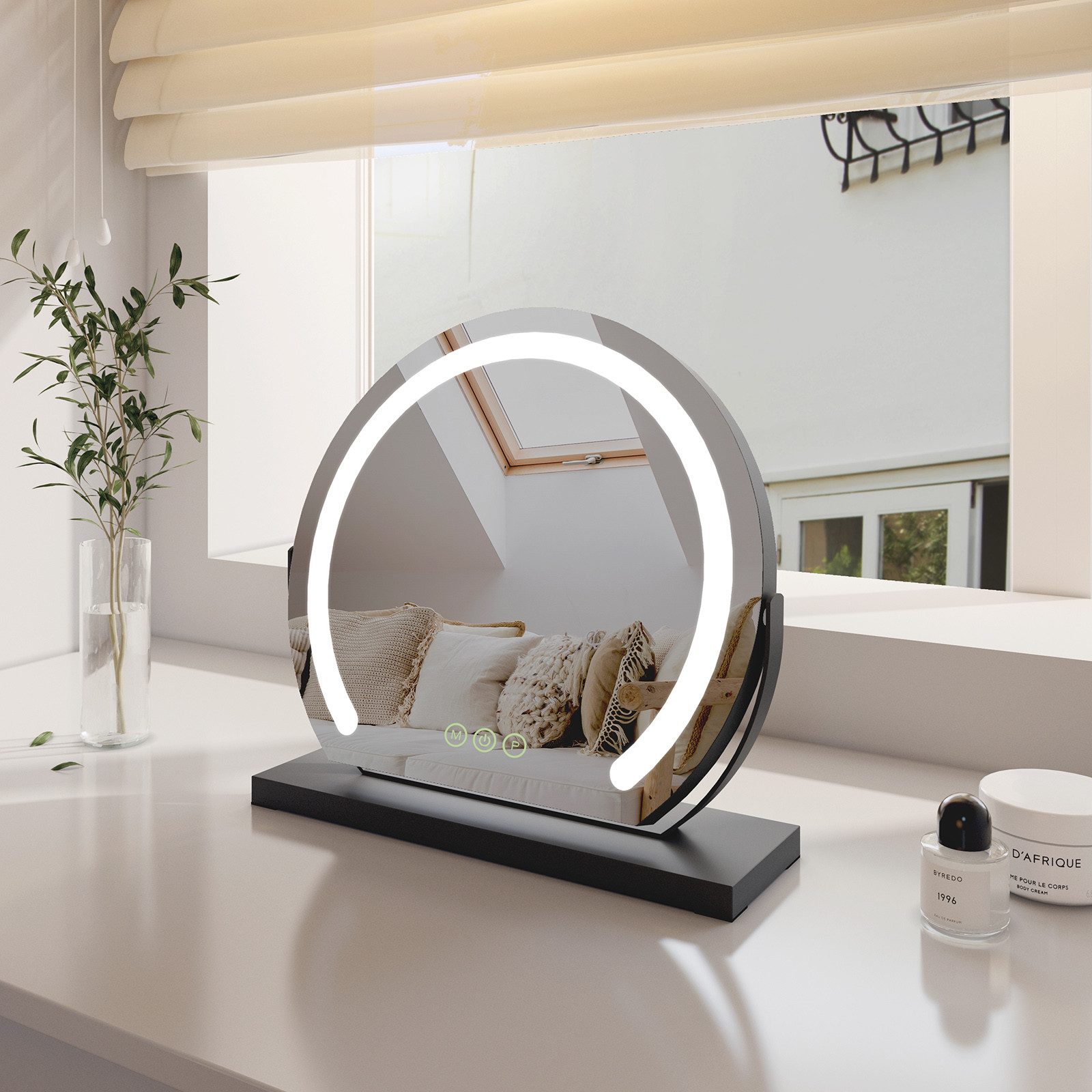 EMKE Kosmetikspiegel mit Beleuchtung Rund Schminkspiegel led Tischspiegel, Schwarz Rahmen 3 Lichtfarben,Dimmbar, 360° Drehbar