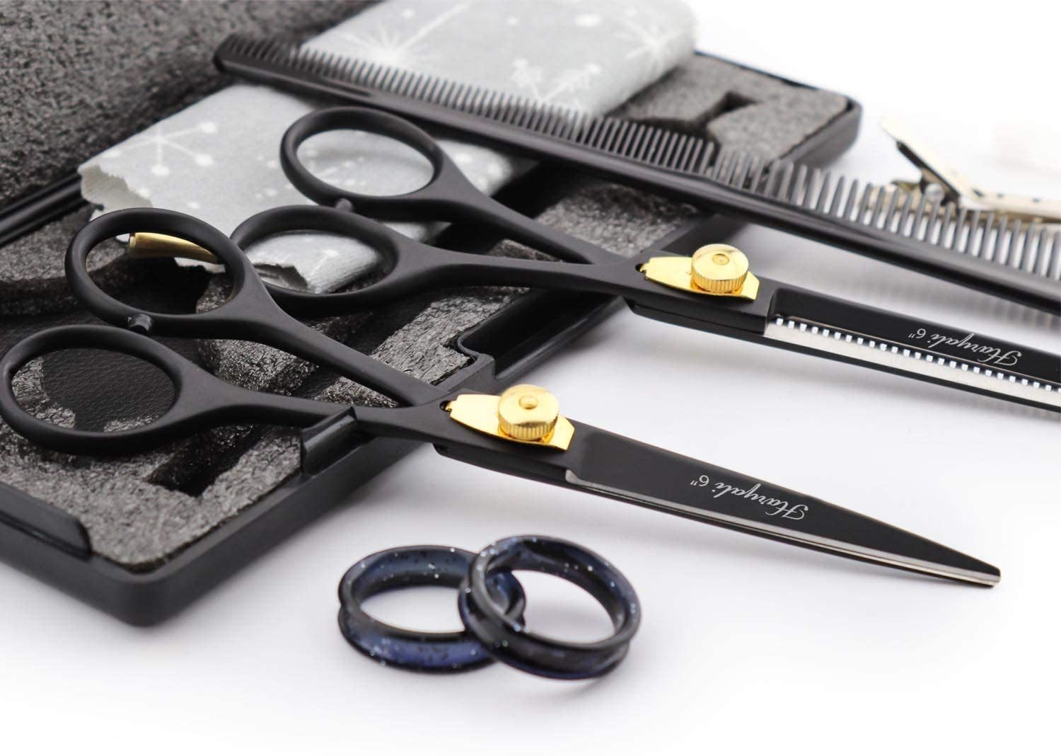 Haryali London Scheren-Set 6-Zoll-Scherenset mit Schneide- und Effilierschere in Schwarzgold, (1 paar, 2-tlg., 1x cutting scissors, 1x Effilierschere, 1x Kamm,  – Bild 4 von 5