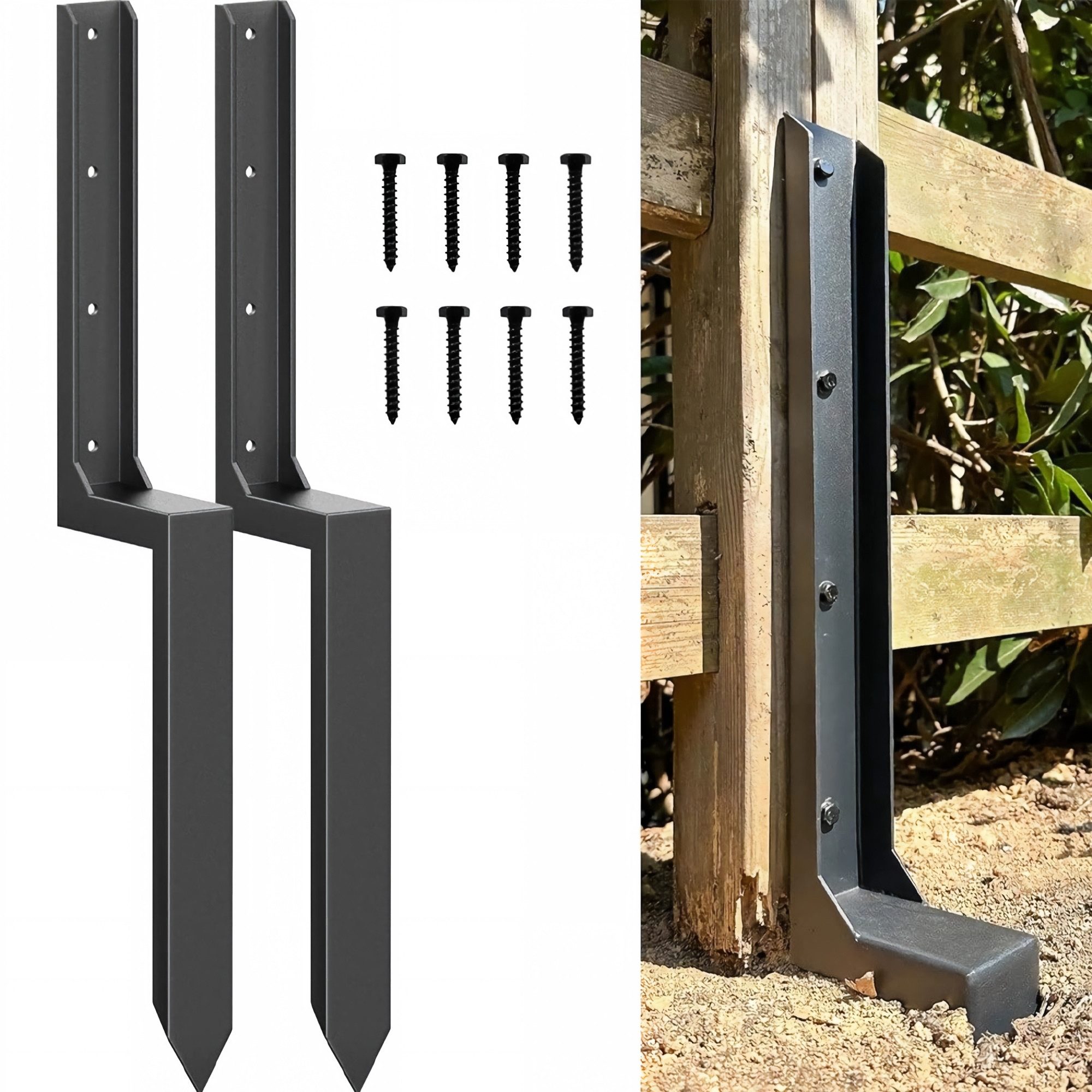 LEMLIT Einschlagbodenhülse 2 Stück Zaunpfosten Reparaturset Stahl-Stützpfosten Erdspieß (2 Stück, 2 St., Tiefe Bodengröße: 40cm), für Holzpfeosten, Passend für Schaukel & Gartenhaus