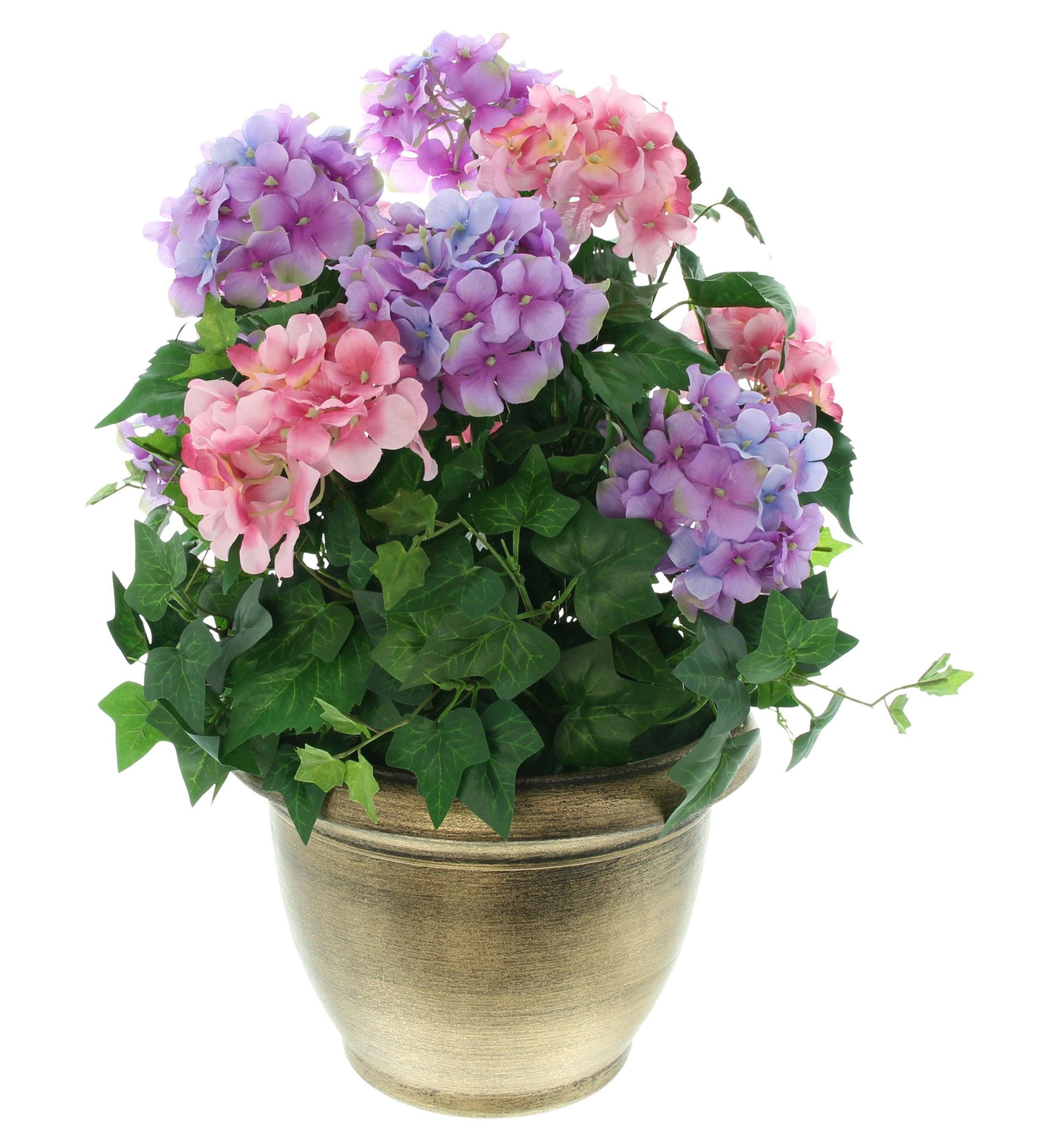 Kunstpflanze Kunstpflanze Hortensie goldener Topf 55cm – Dekopflanze