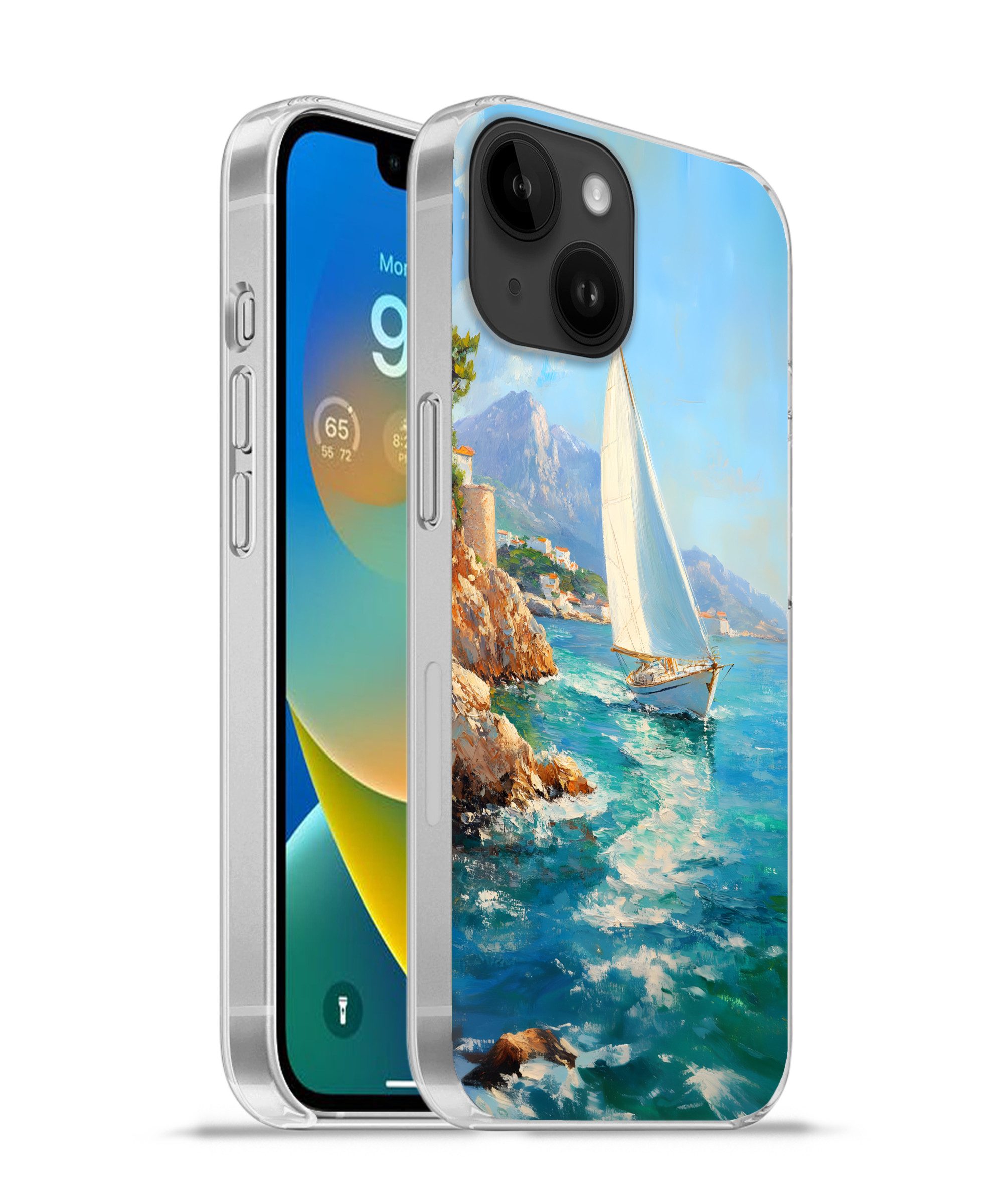 MuchoWow Handyhülle für Apple iPhone 14 Segelboot - Felsen - Küste - Häuser, Smartphone-Bumper, Print, Handy Schutzhülle Dünn