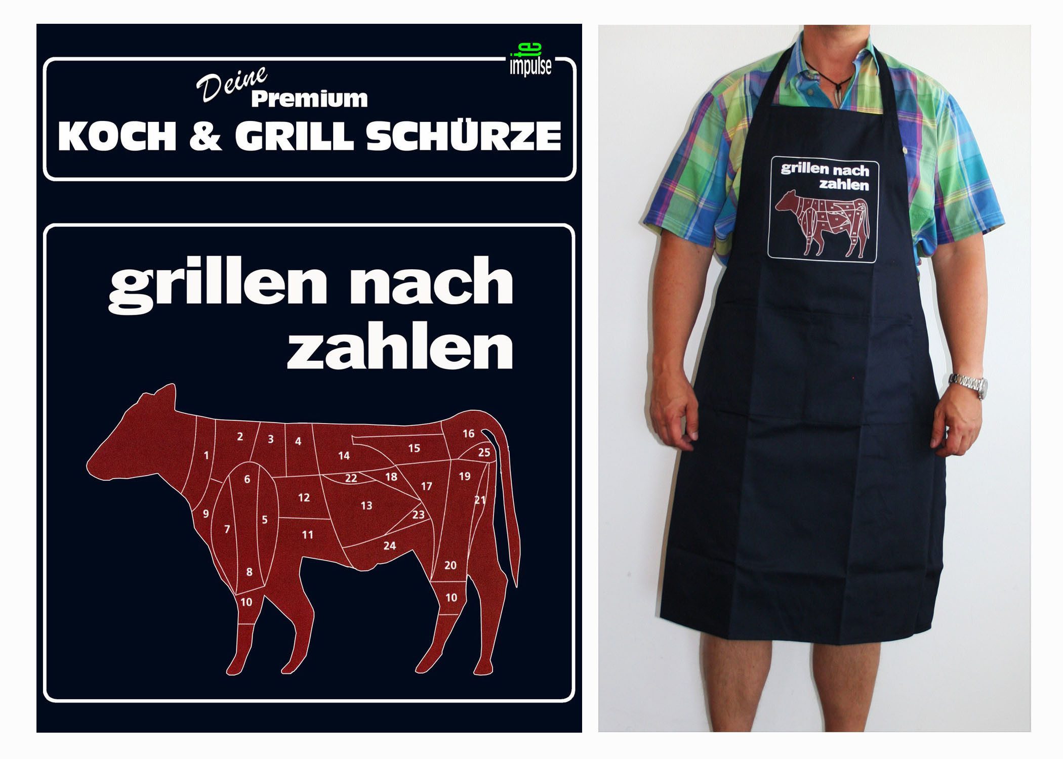 teprovo Grillschürze Kochschürze Schürze 116cm Dunkelblau Grillen nach Zahlen, (1-tlg., integrierte Taschen), mit Spruch