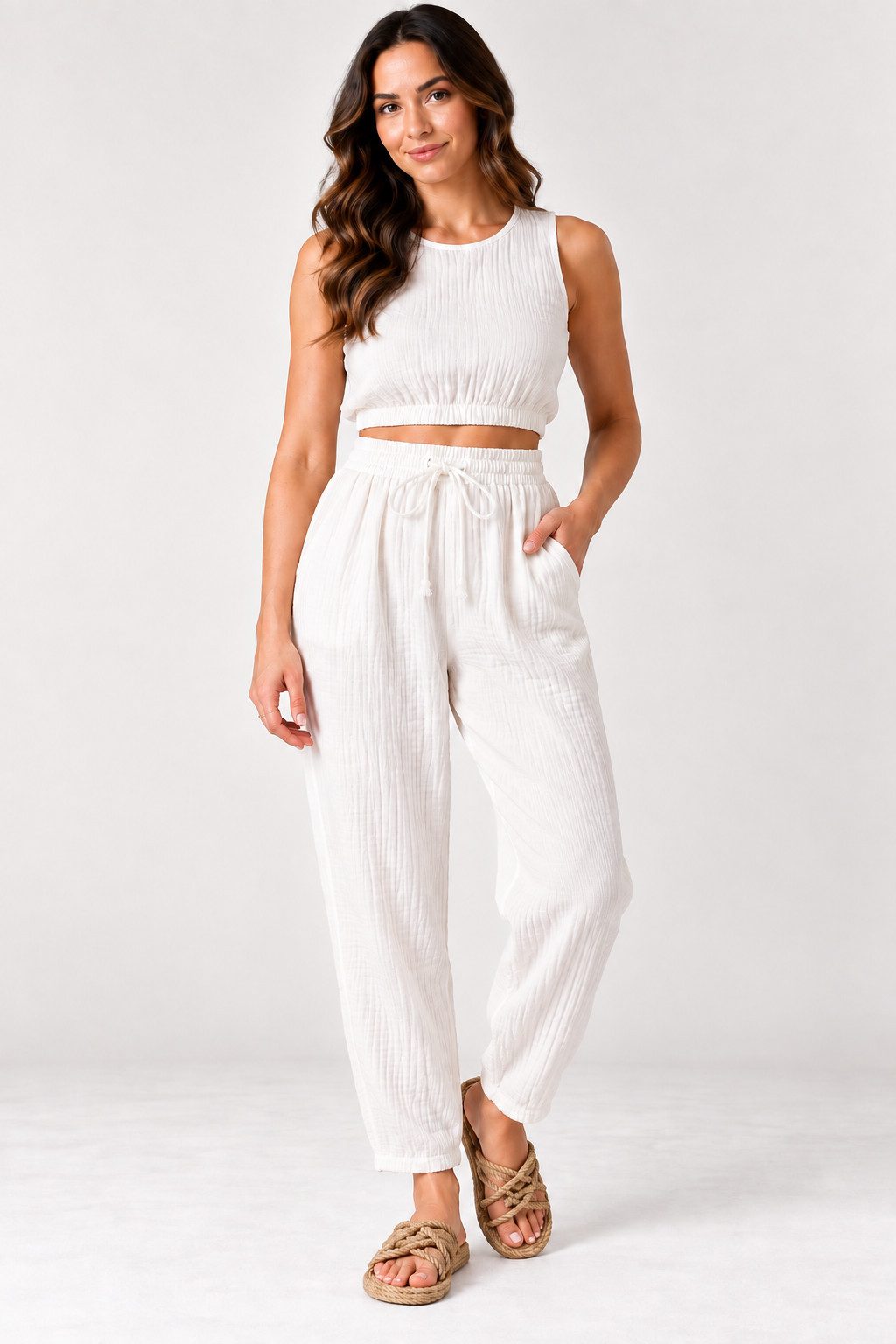 WENOR Stoffhose Damen Musselin Hose Baumwolle Tapered Sommerhose Knöchellänge, elastischer Bund, lässiger Style