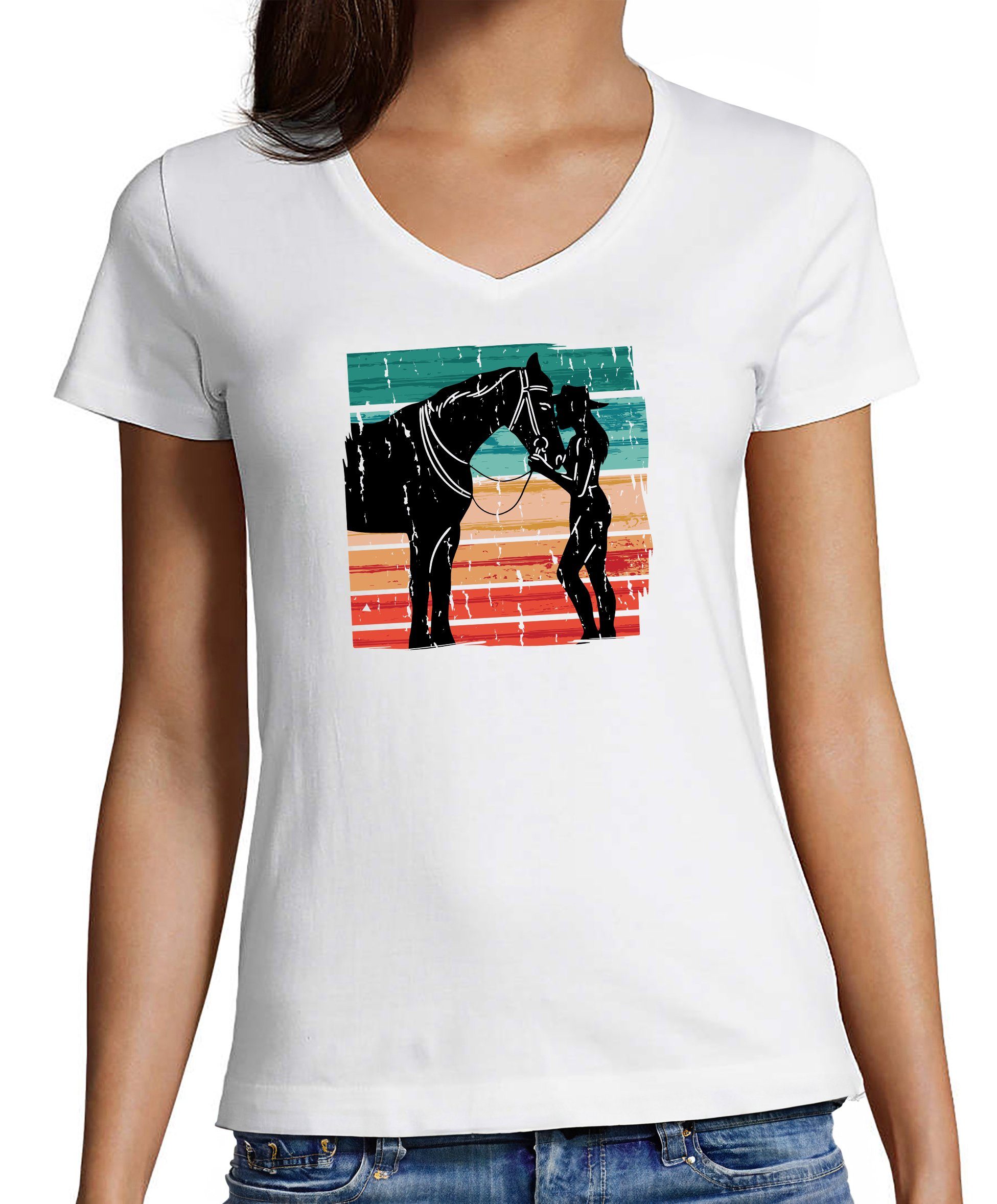 MyDesign24 T-Shirt Damen Pferde Print Shirt bedruckt - Pferd mit Frau V-Ausschnitt Baumwollshirt mit Aufdruck Slim Fit i135